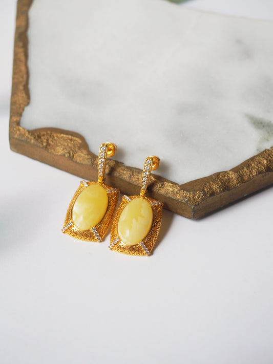 Rectangular Butterscotch Amber Drop Stud Earrings with Cubic Zirconias in Gold Plated Silver