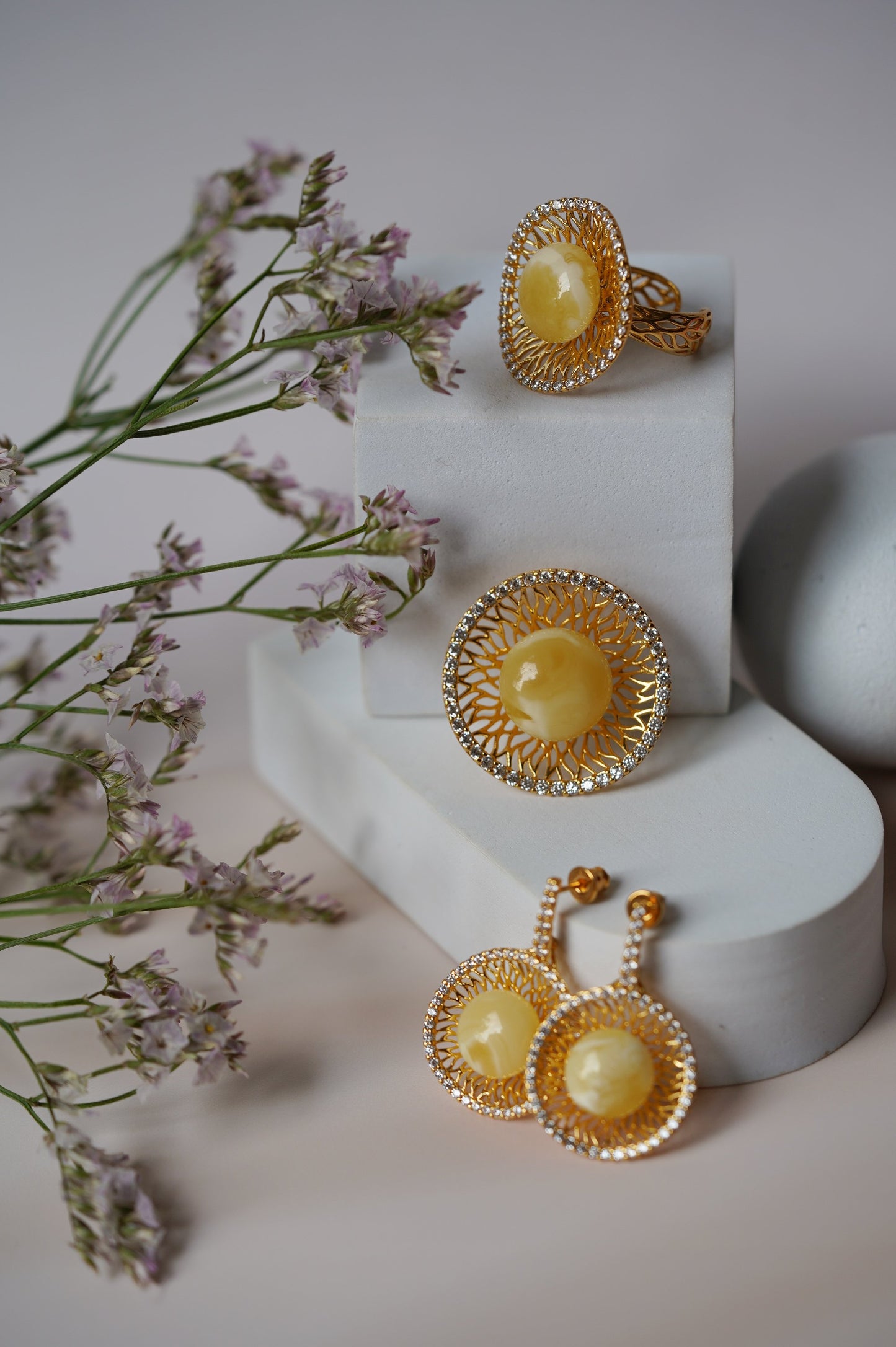 Supertree inspired Dangling Stud Earrings with Royal White Amber and Cubic Zirconias in Gold Plated Silver