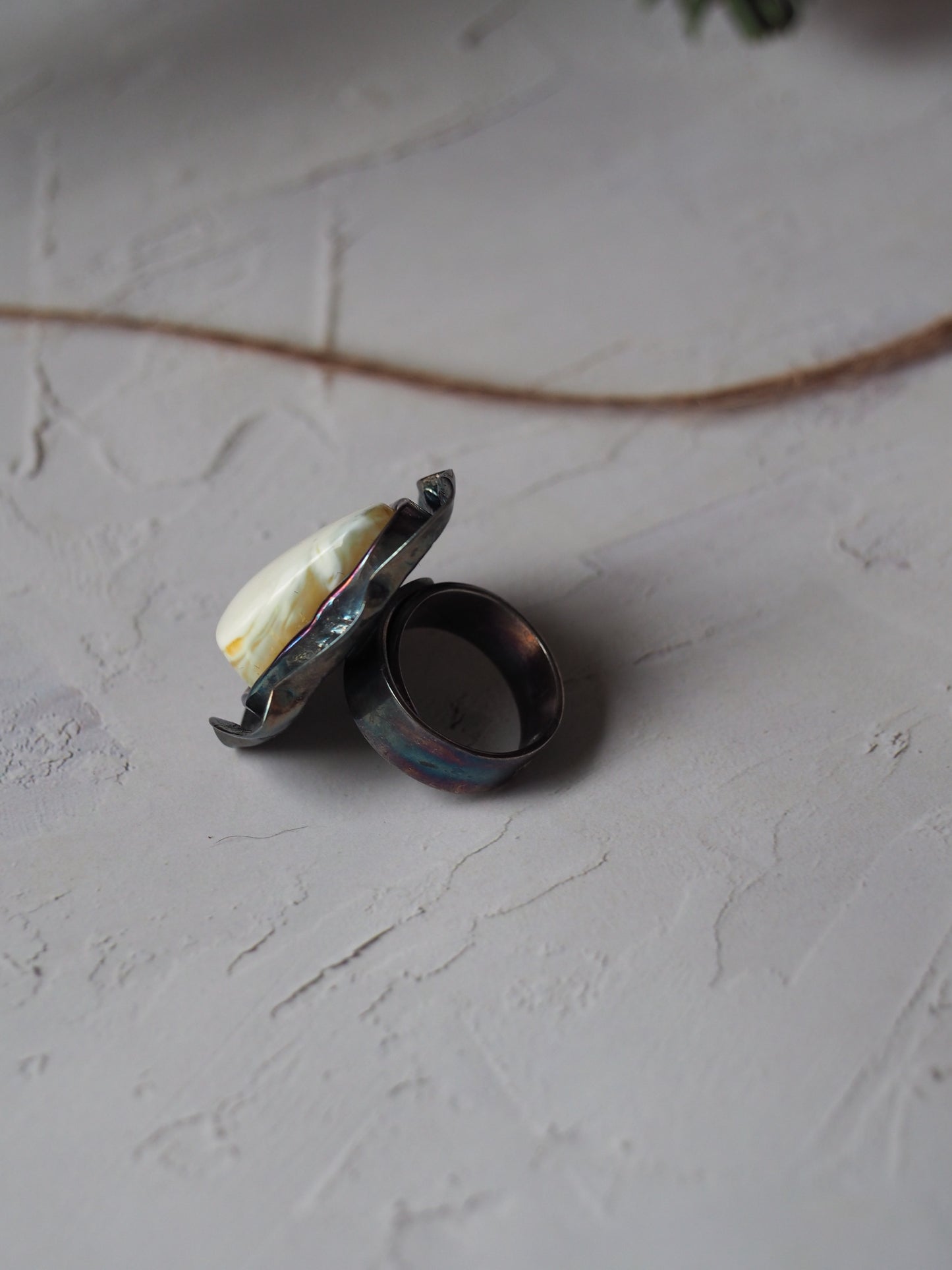 Pure Royal White Amber Ring with Oxidized Silver 925 with Blue Hue