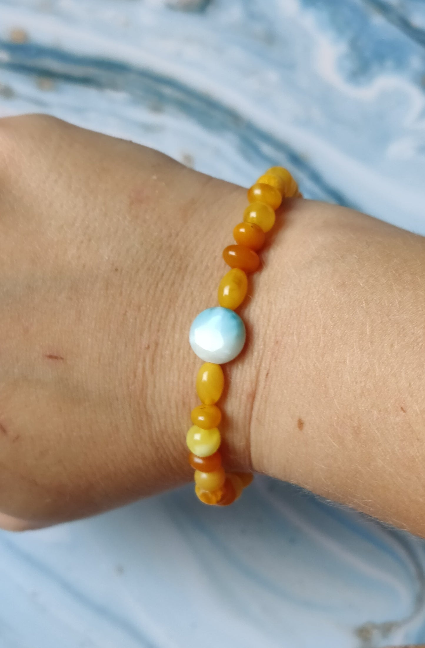 Natural Old German Amber + Larimar Irregular Small Bracelet 6mm/ Early 70s