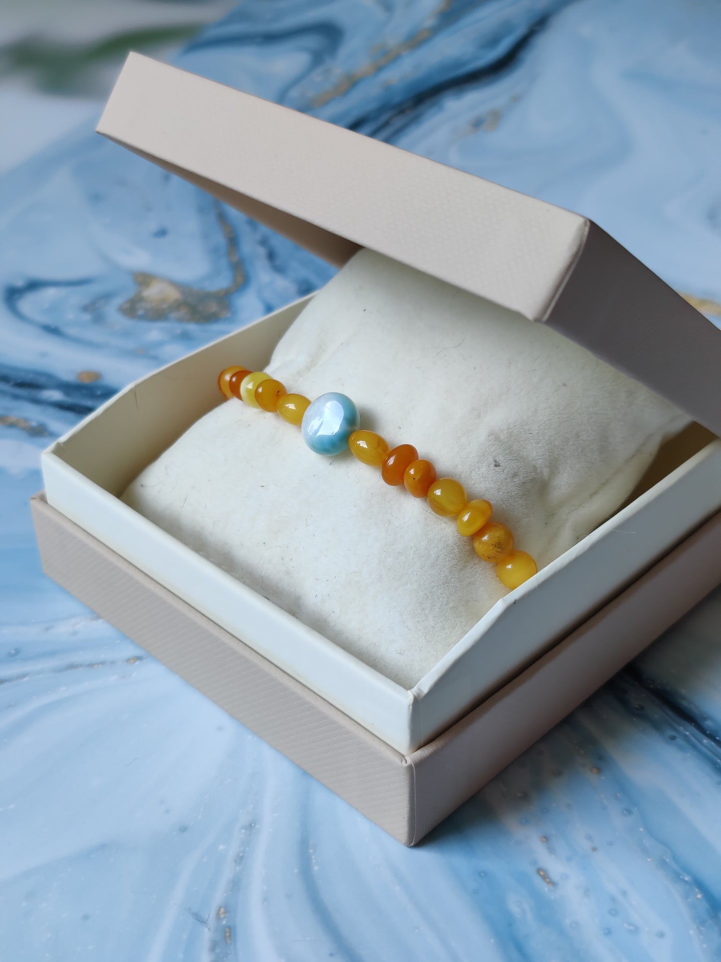 Natural Old German Amber + Larimar Irregular Small Bracelet 6mm/ Early 70s