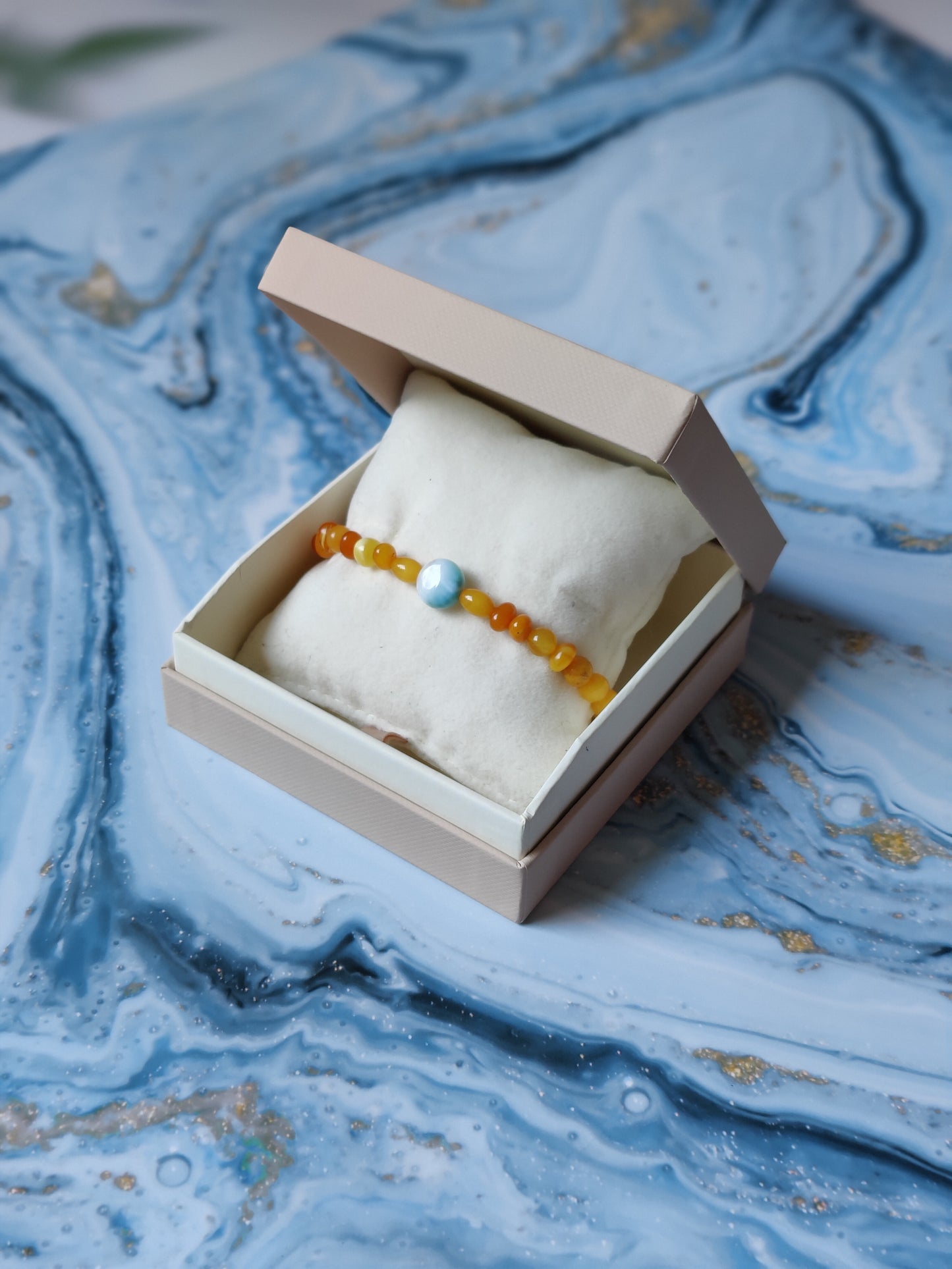 Natural Old German Amber + Larimar Irregular Small Bracelet 6mm/ Early 70s
