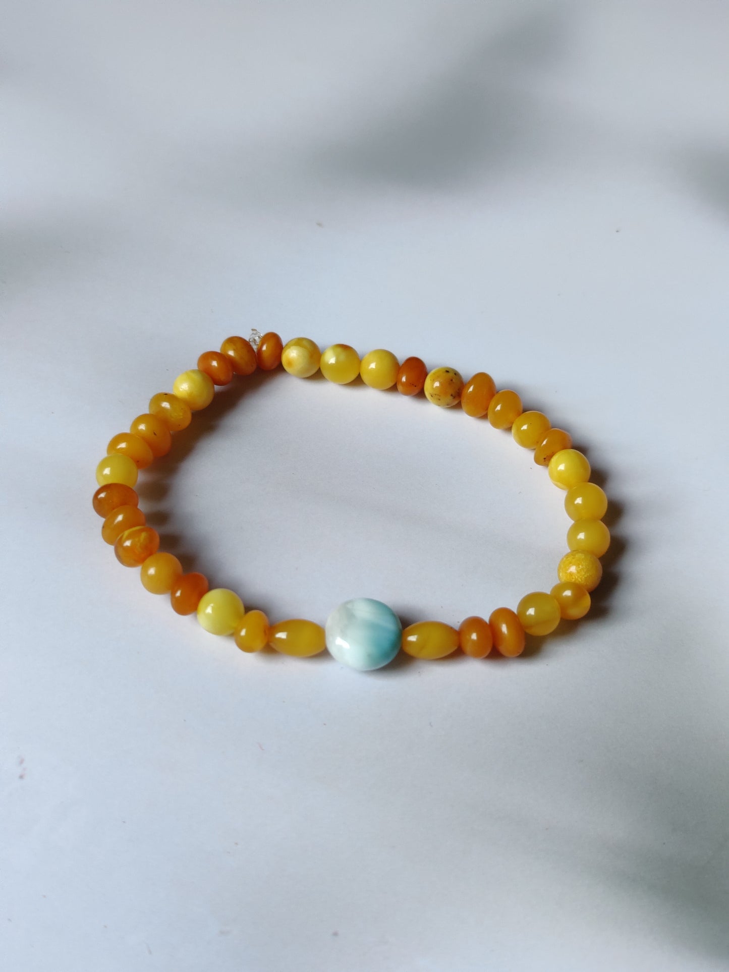Natural Old German Amber + Larimar Irregular Small Bracelet 6mm/ Early 70s