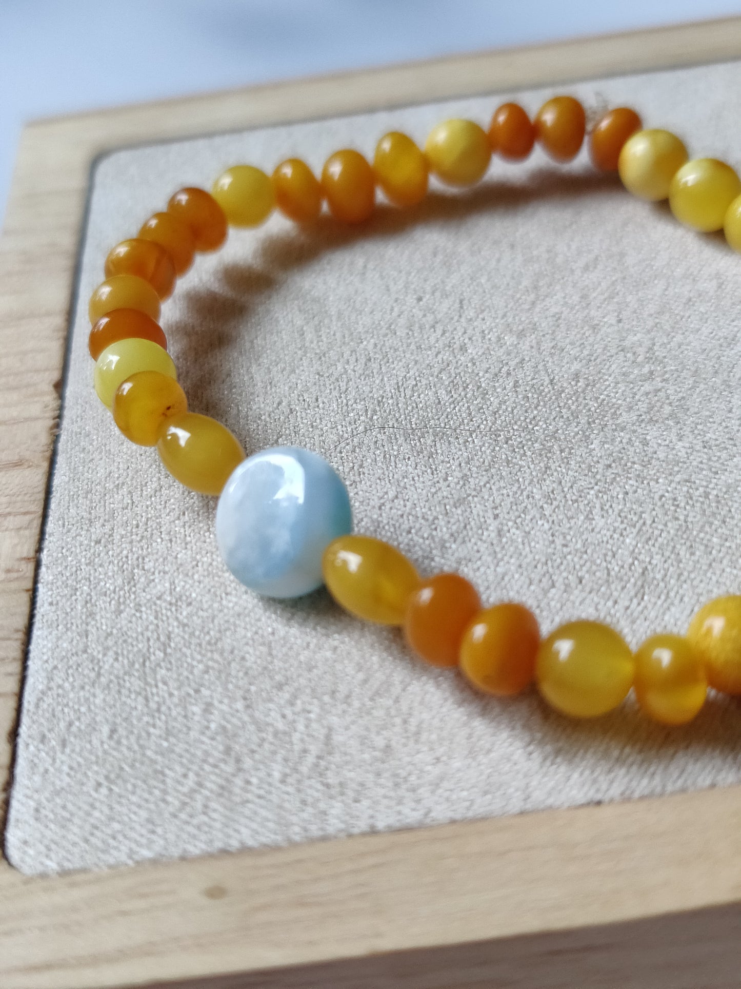 Natural Old German Amber + Larimar Irregular Small Bracelet 6mm/ Early 70s