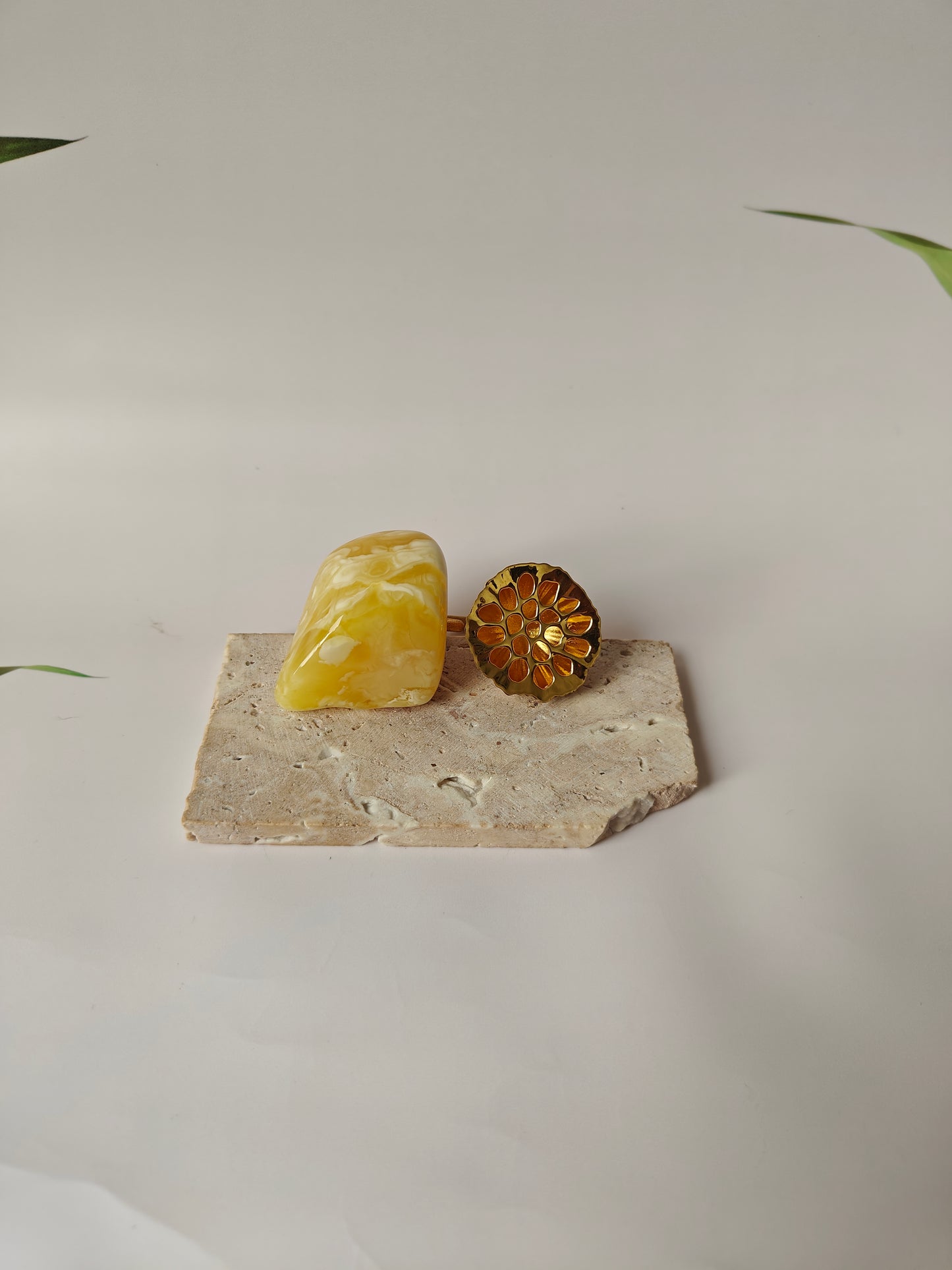 Unique Large Royal White Irregular Amber Ring With 14k Gold Plated Silver Frame in Lotus Pod Shape