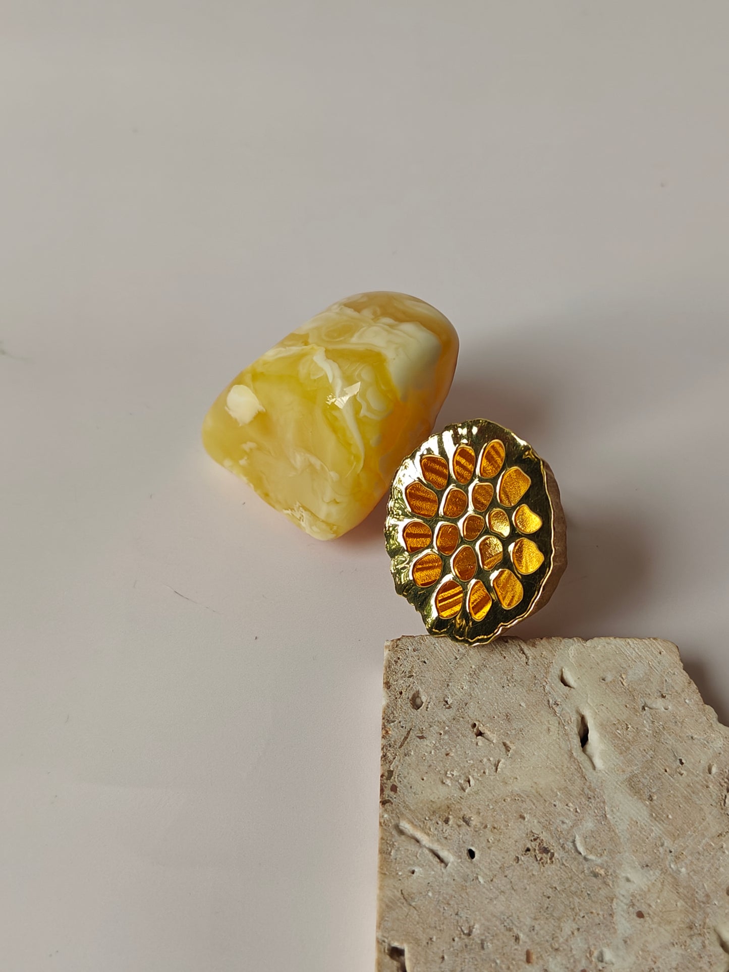 Unique Large Royal White Irregular Amber Ring With 14k Gold Plated Silver Frame in Lotus Pod Shape