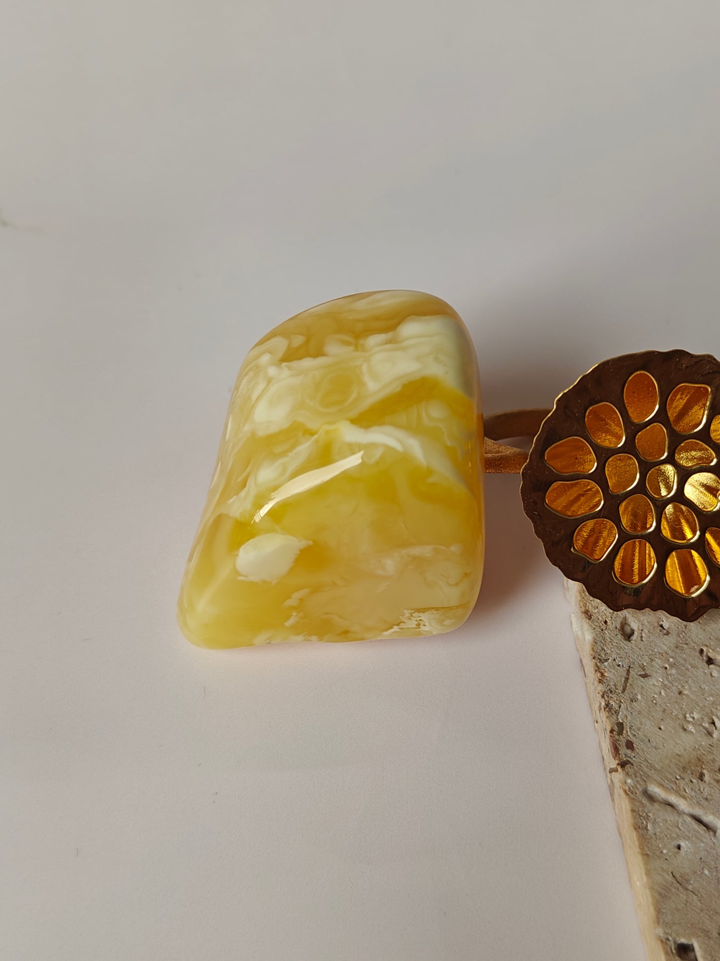 Unique Large Royal White Irregular Amber Ring With 14k Gold Plated Silver Frame in Lotus Pod Shape