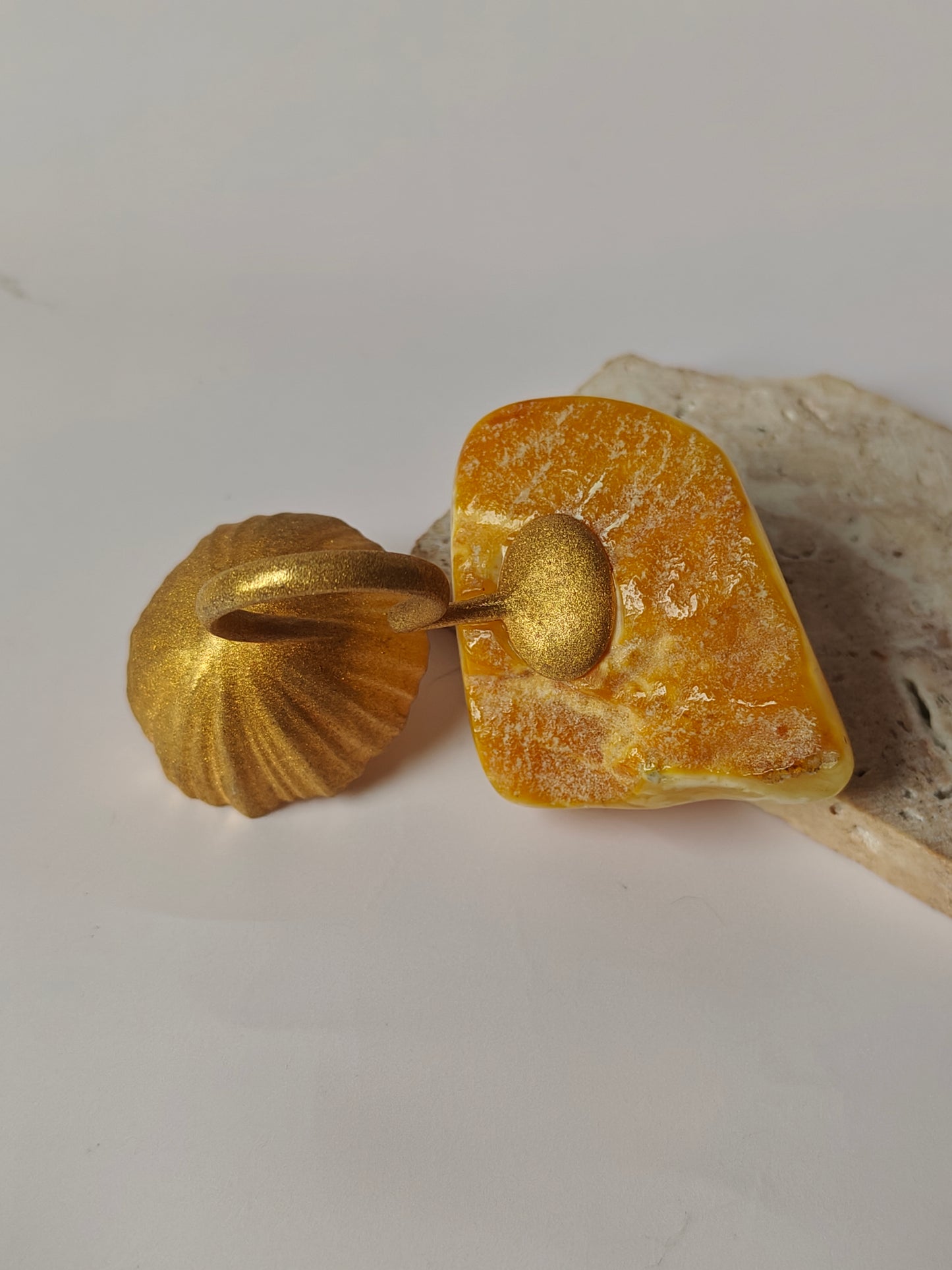 Unique Large Royal White Irregular Amber Ring With 14k Gold Plated Silver Frame in Lotus Pod Shape