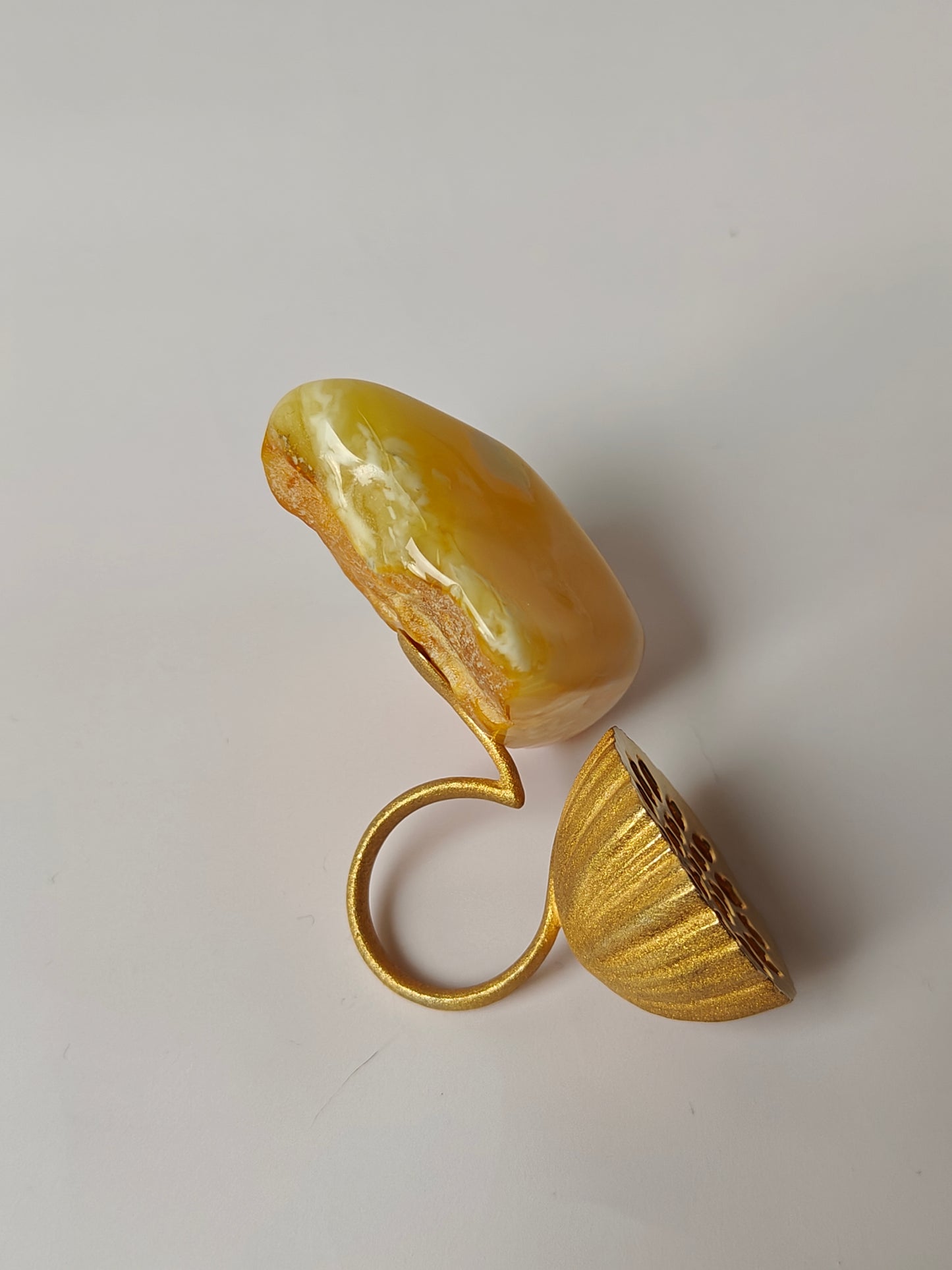 Unique Large Royal White Irregular Amber Ring With 14k Gold Plated Silver Frame in Lotus Pod Shape