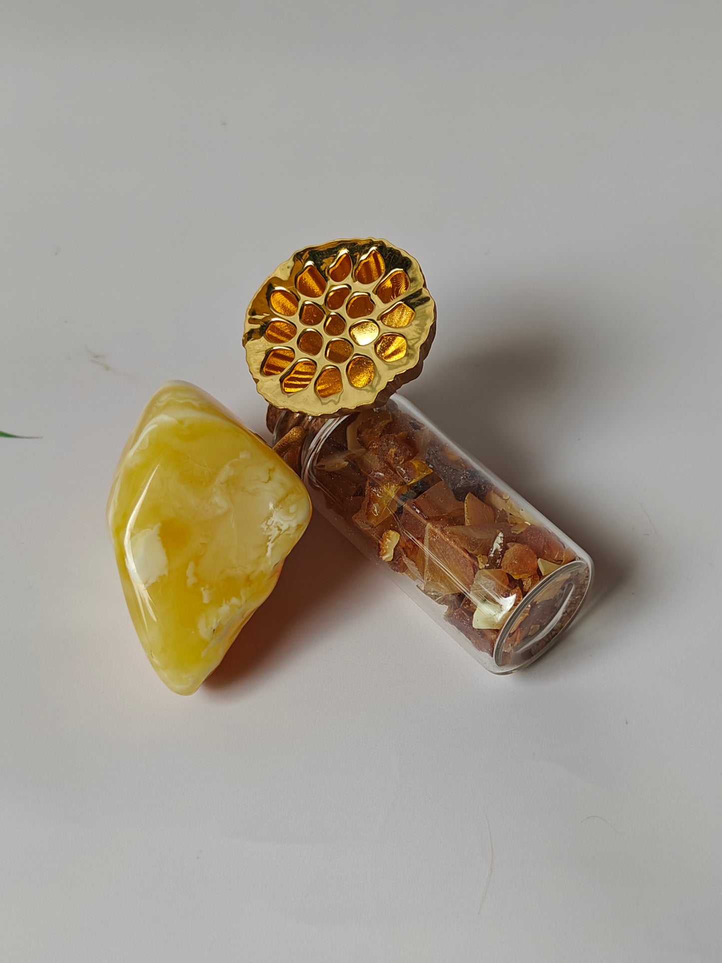 Unique Large Royal White Irregular Amber Ring With 14k Gold Plated Silver Frame in Lotus Pod Shape