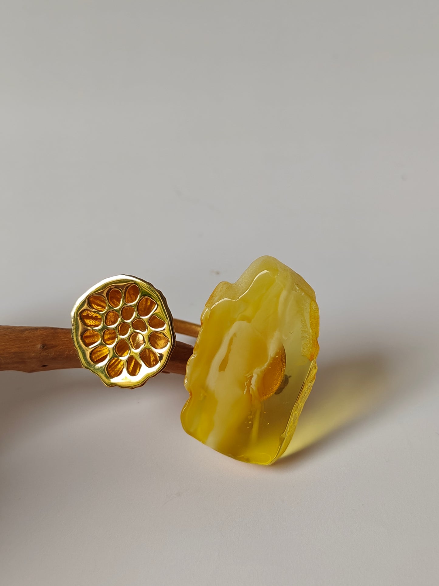 Unique Raw Citron and Royal White Amber Ring with Lotus Pod in Gold Plated Silver