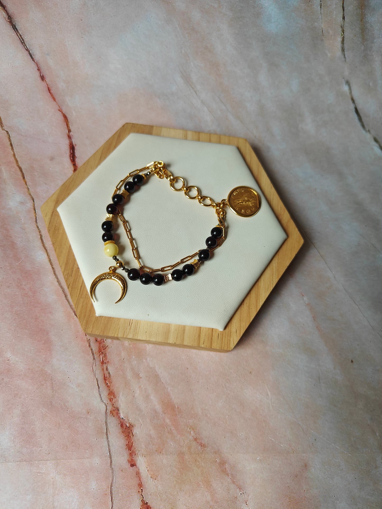 Double Bracelet with Cherry and White Beaded Amber and Gold Plated Silver