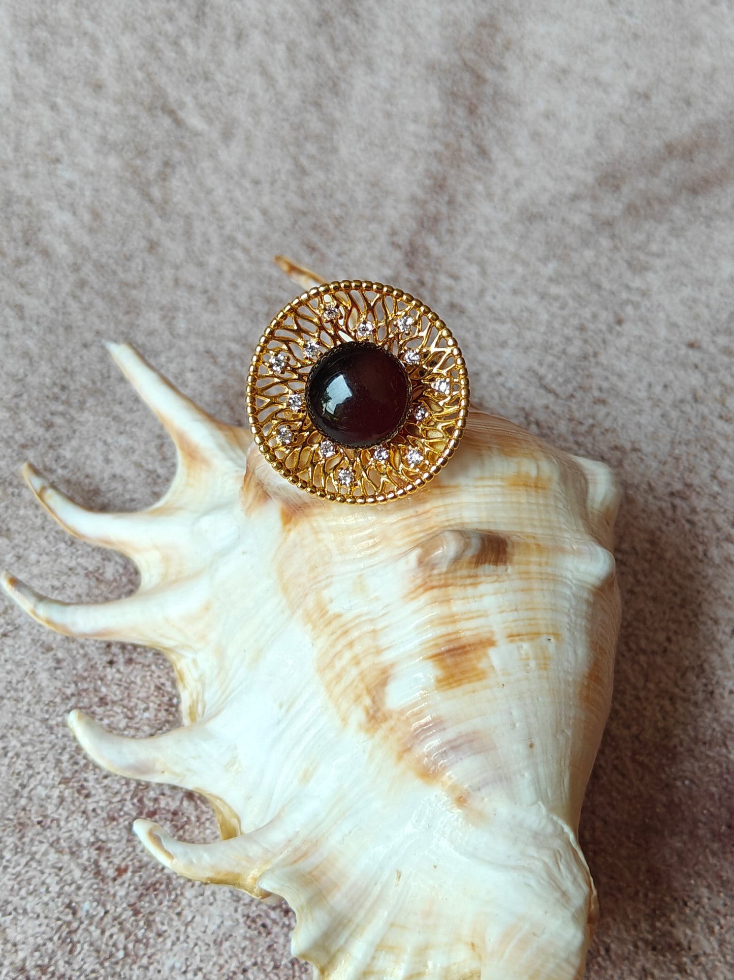 Supertree Ring with Cherry Amber and Cubic Zirconias in Gold Plated Silver