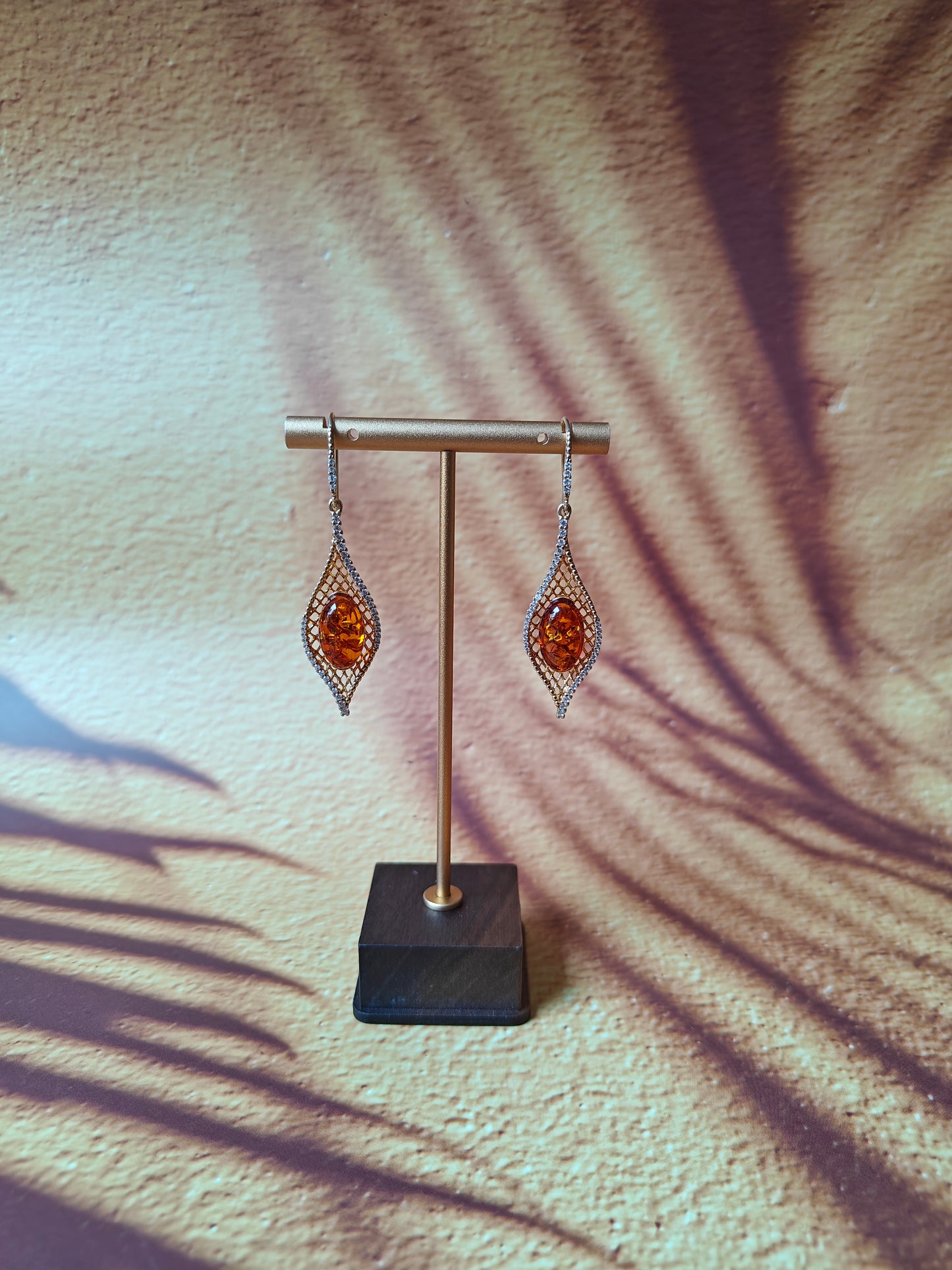 Marquise Shape Earrings with Natural Cognac Amber and Cubic Zirconias in Gold Plated Silver