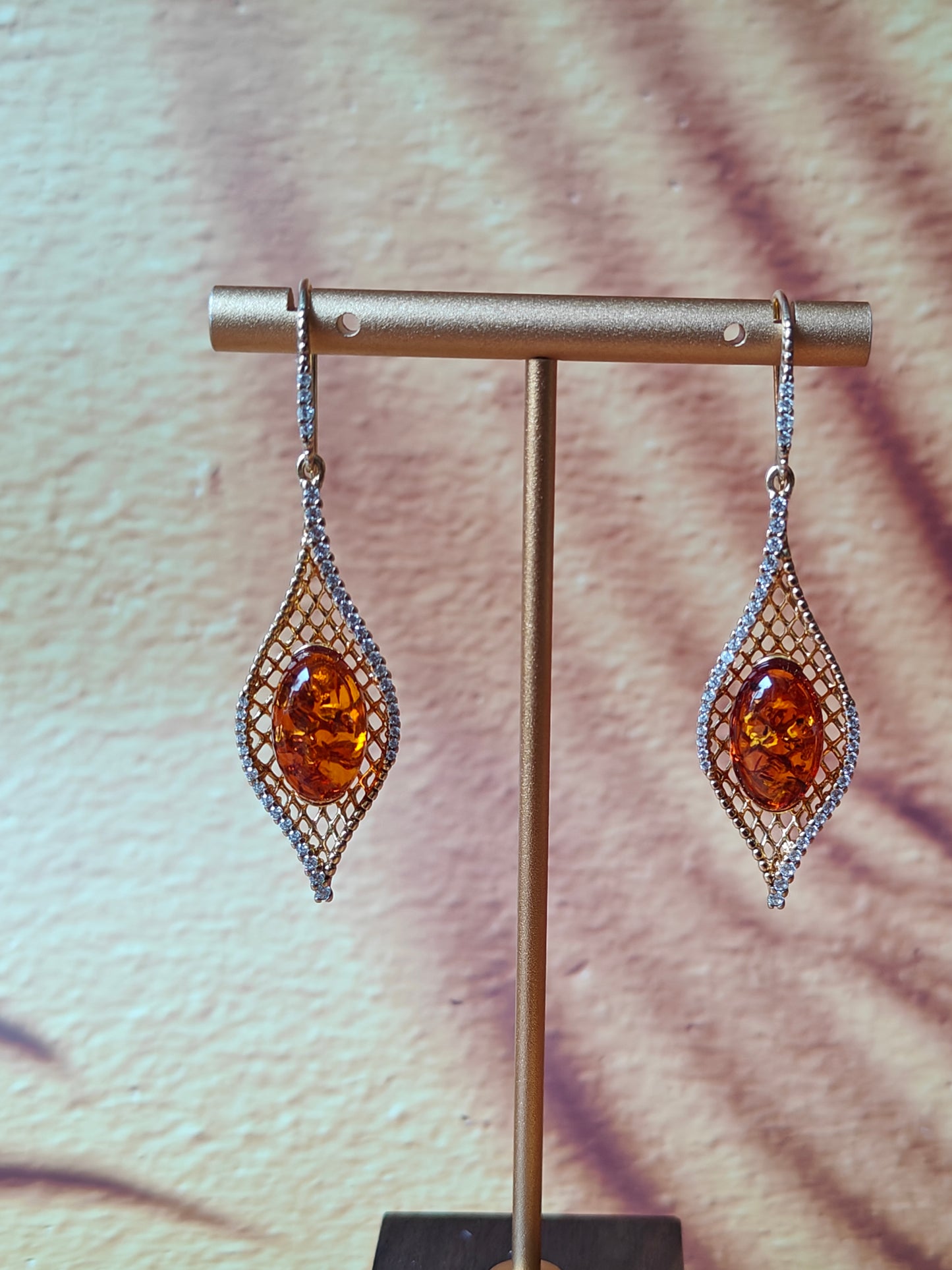 Marquise Shape Earrings with Natural Cognac Amber and Cubic Zirconias in Gold Plated Silver