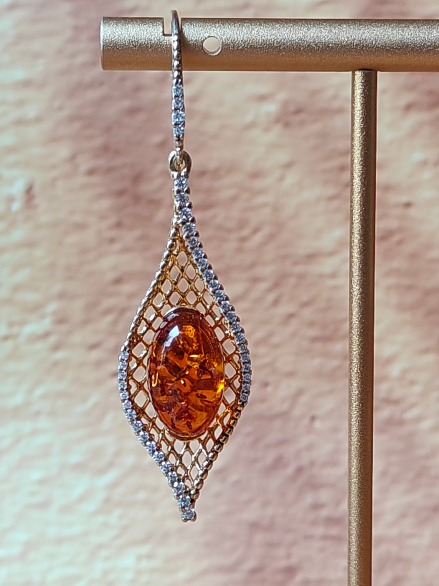 Marquise Shape Earrings with Natural Cognac Amber and Cubic Zirconias in Gold Plated Silver