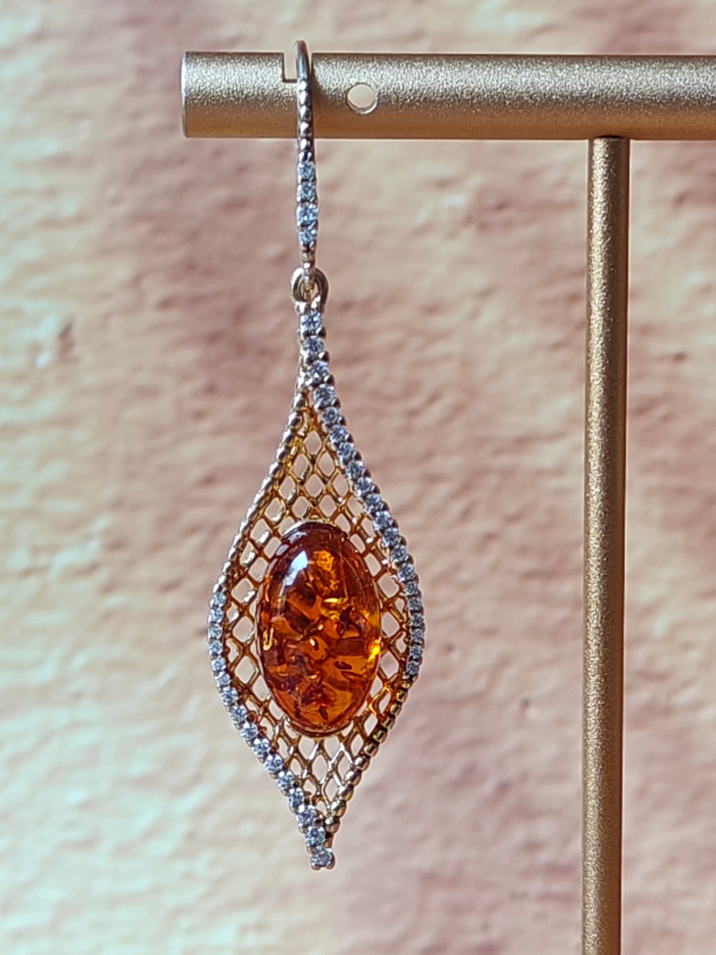 Marquise Shape Earrings with Natural Cognac Amber and Cubic Zirconias in Gold Plated Silver