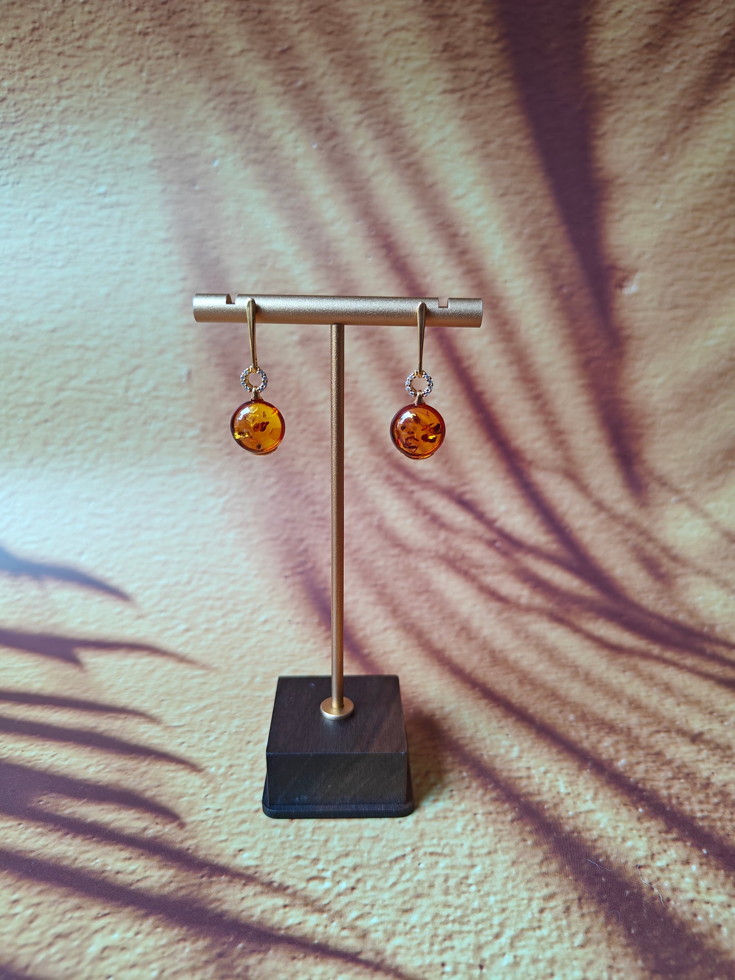 Round Cognac Amber Dangling Stud Earrings with Cubic Zirconias | 14k Gold
