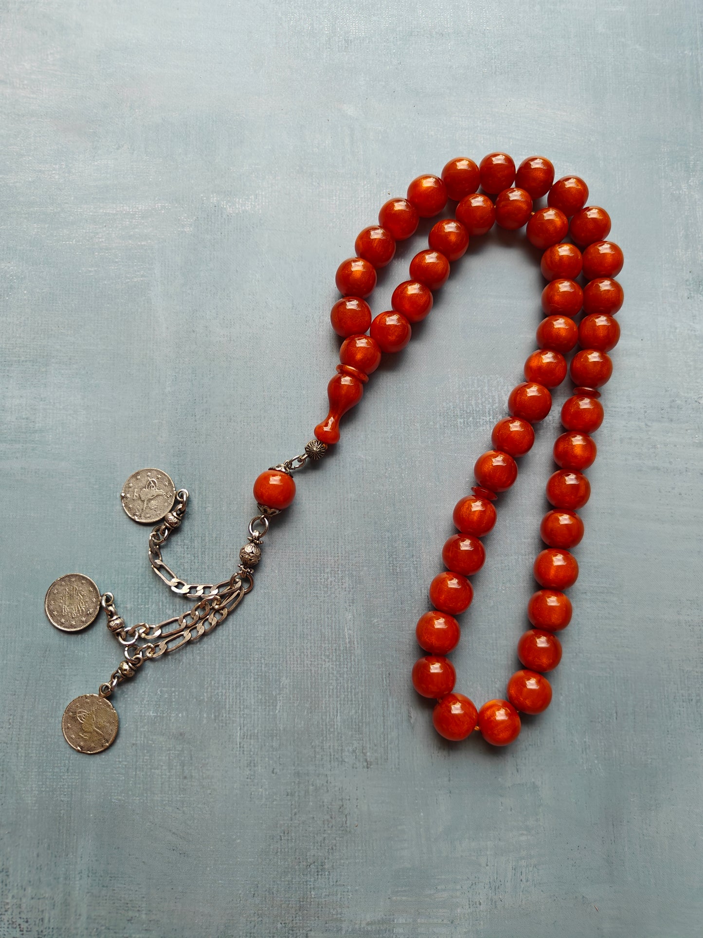 Light "Old German" Antique Bakelite Rosary 43 Beads with Silver Tassel