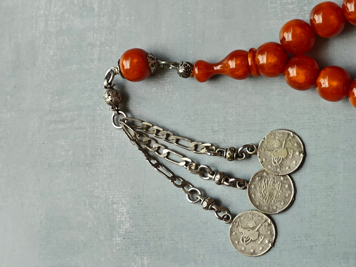 Light "Old German" Antique Bakelite Rosary 43 Beads with Silver Tassel