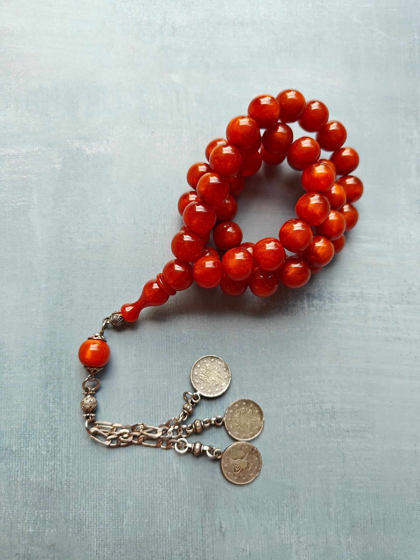 Light "Old German" Antique Bakelite Rosary 43 Beads with Silver Tassel
