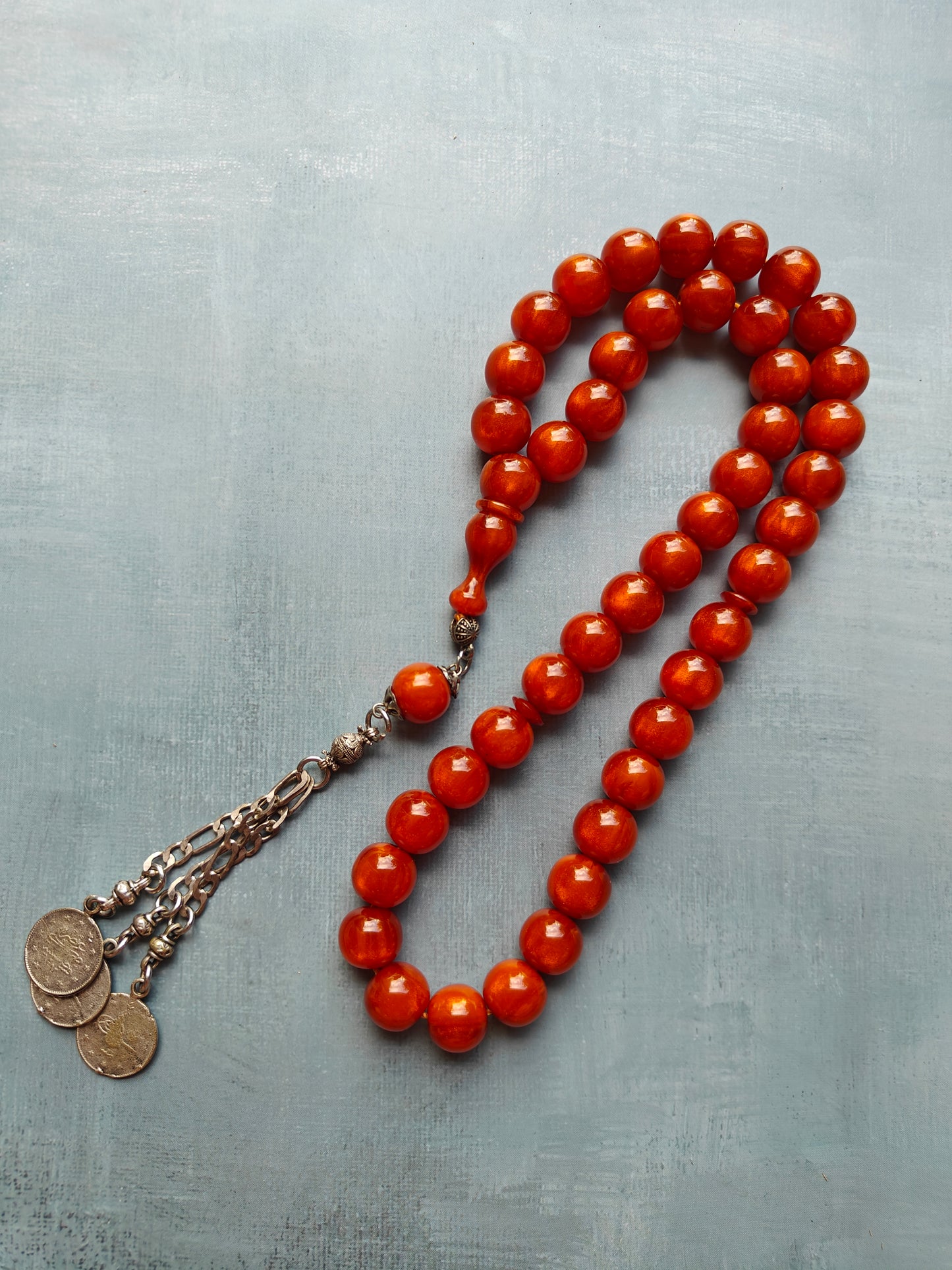 Light "Old German" Antique Bakelite Rosary 43 Beads with Silver Tassel
