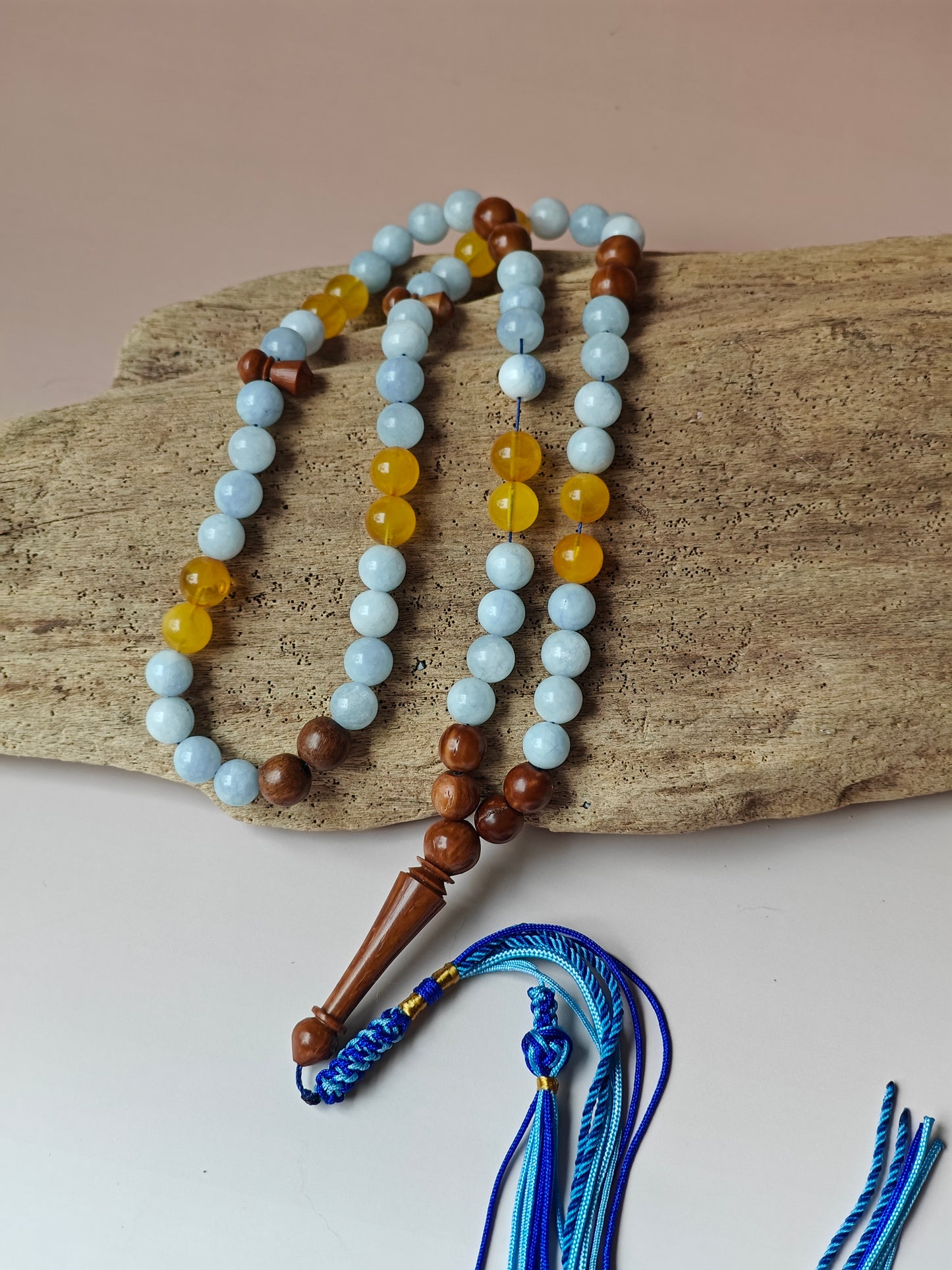 Aquamarine, Kokka Wood and Honey Amber Misbah 66 Beads