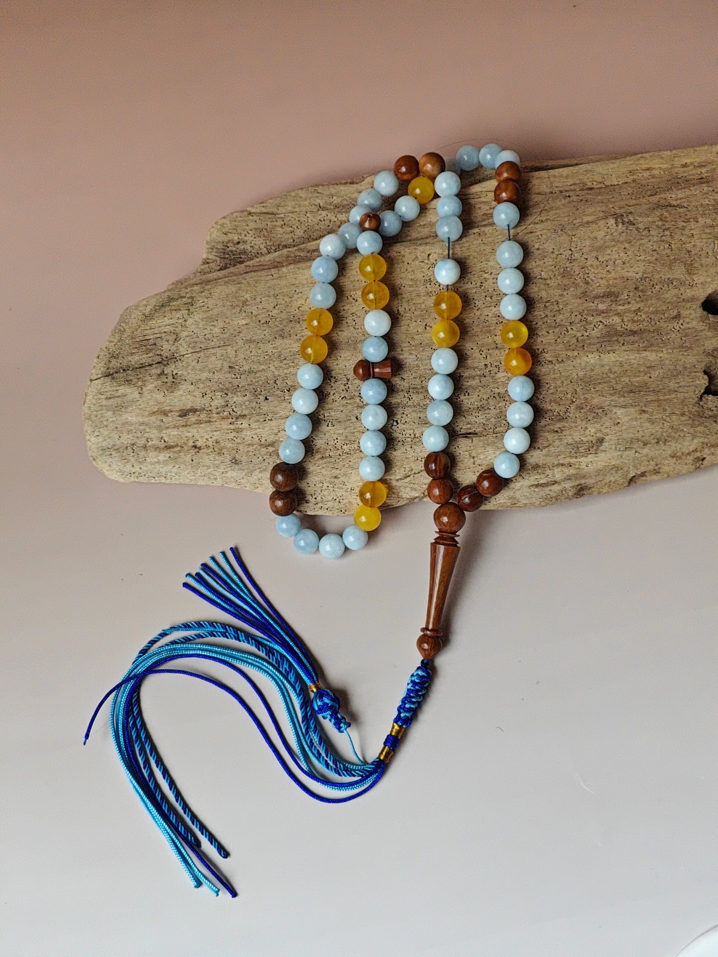 Aquamarine, Kokka Wood and Honey Amber Misbah 66 Beads