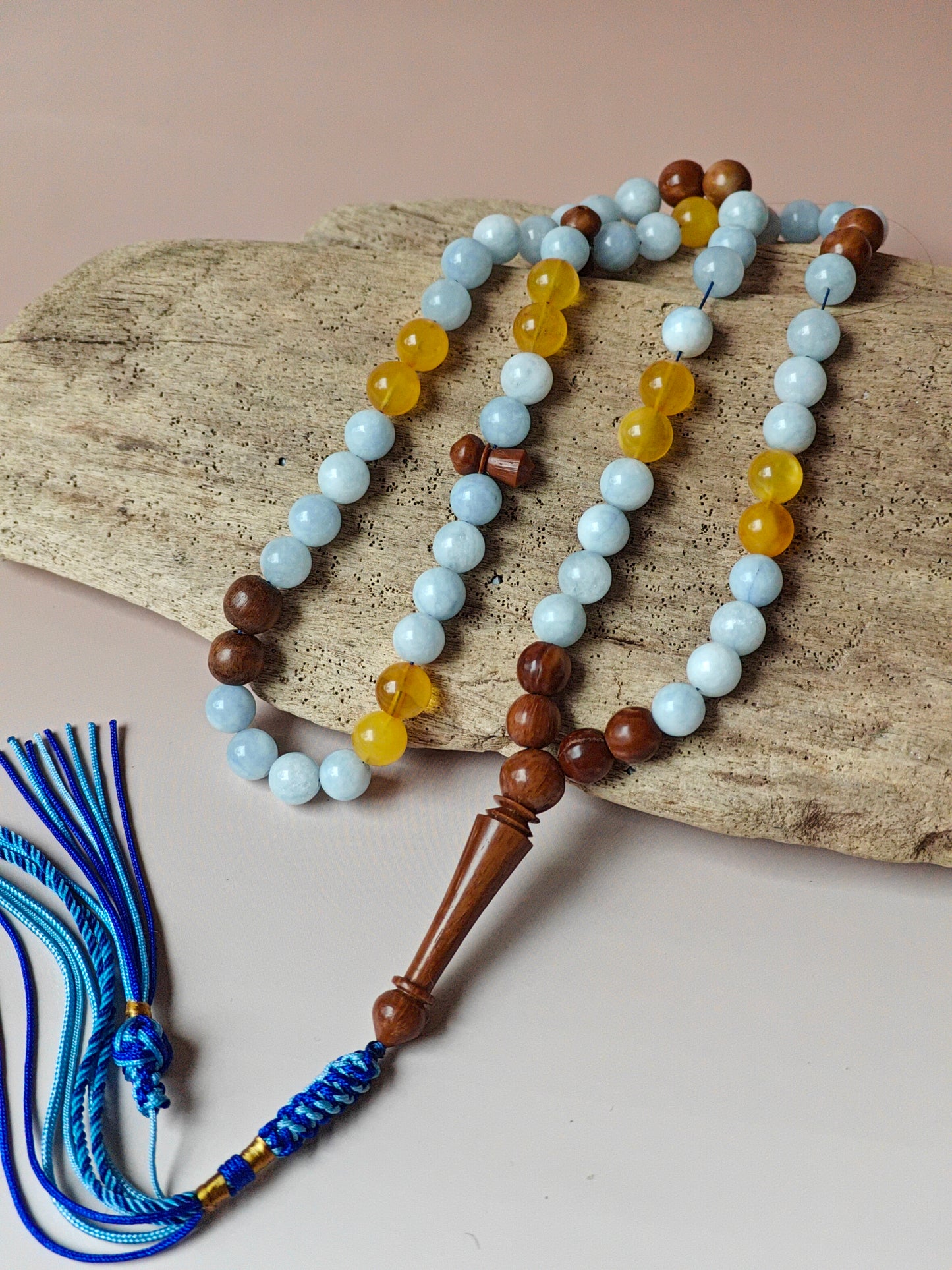 Aquamarine, Kokka Wood and Honey Amber Misbah 66 Beads