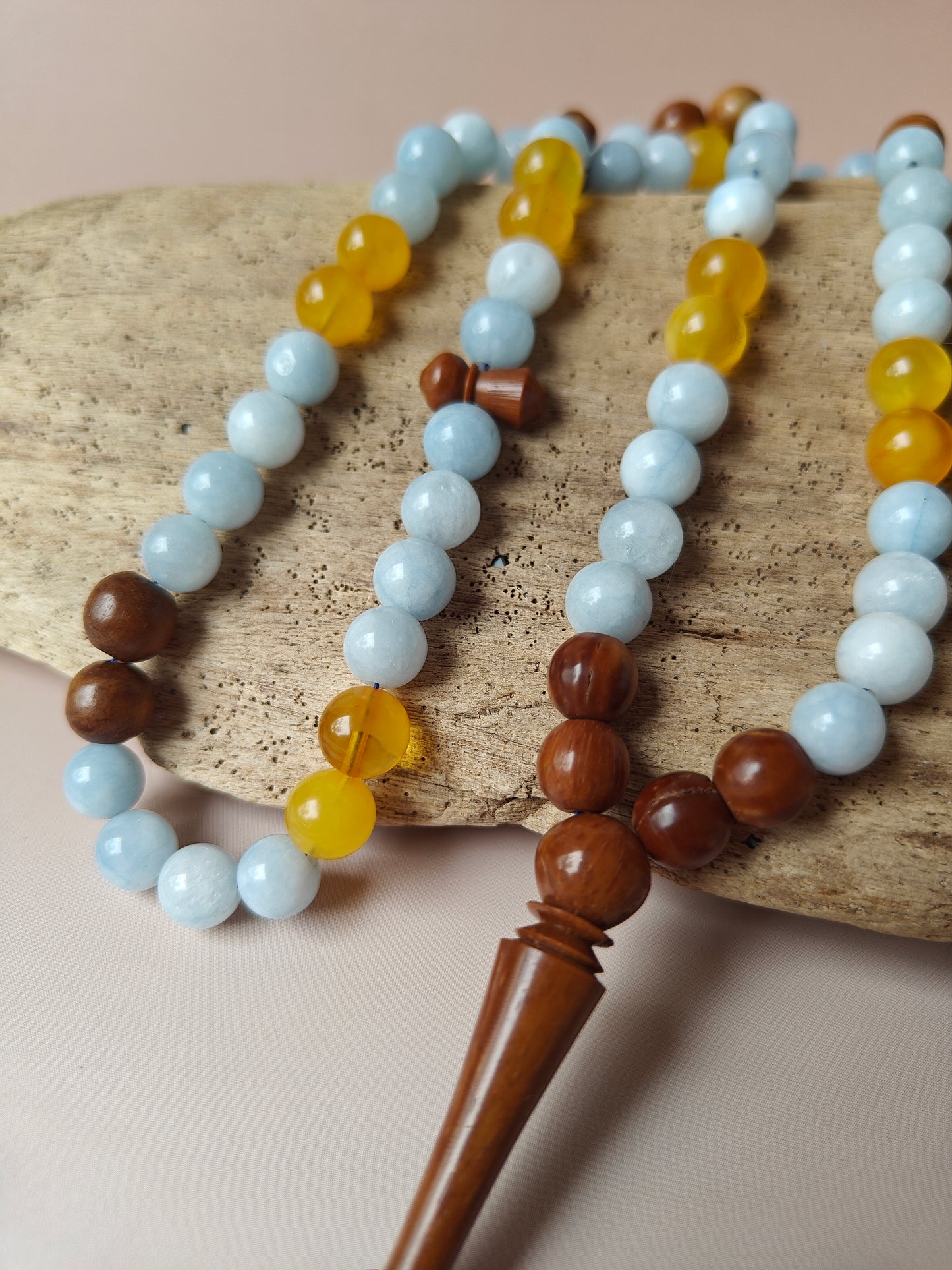Aquamarine, Kokka Wood and Honey Amber Misbah 66 Beads