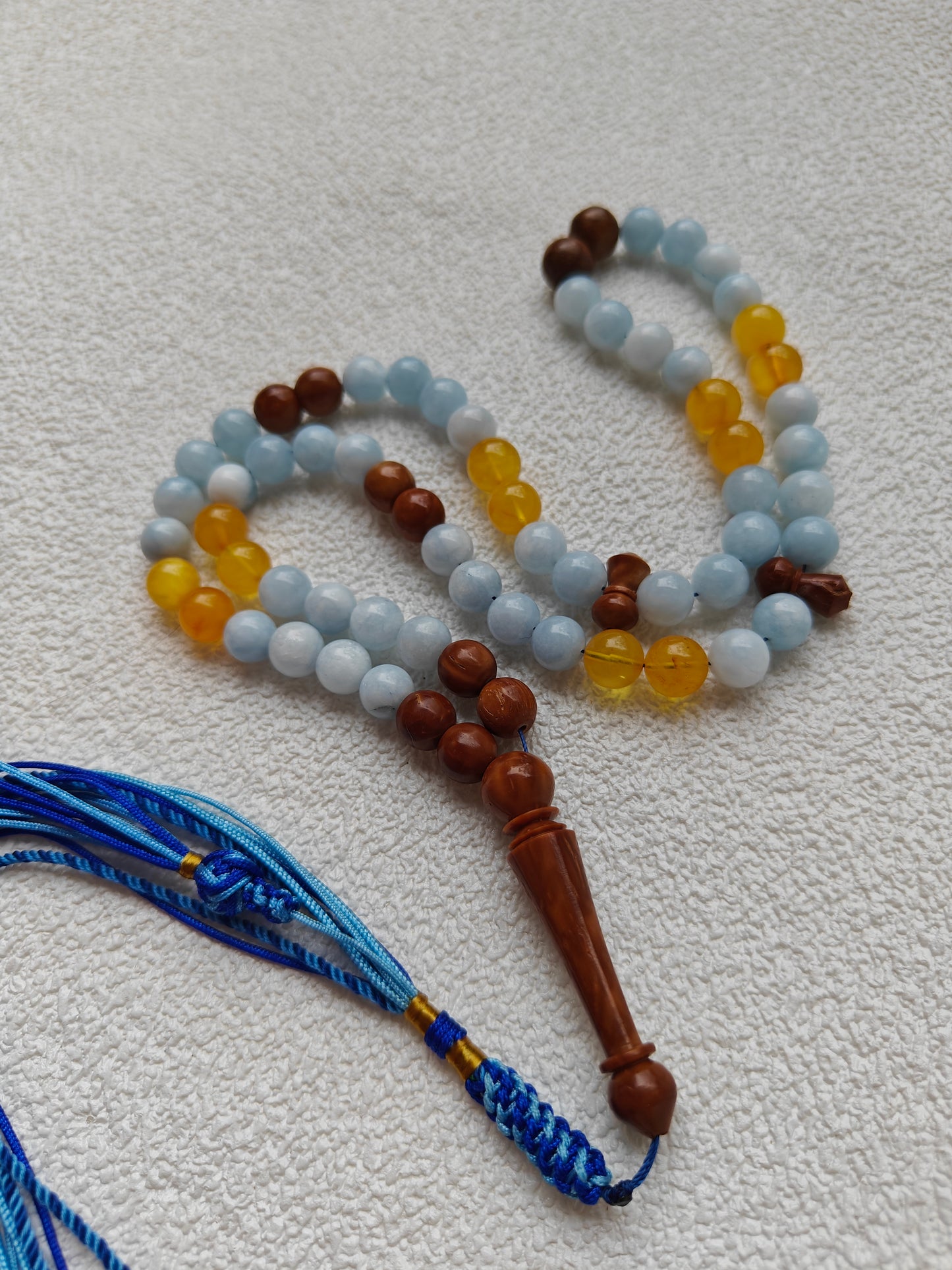 Aquamarine, Kokka Wood and Honey Amber Misbah 66 Beads