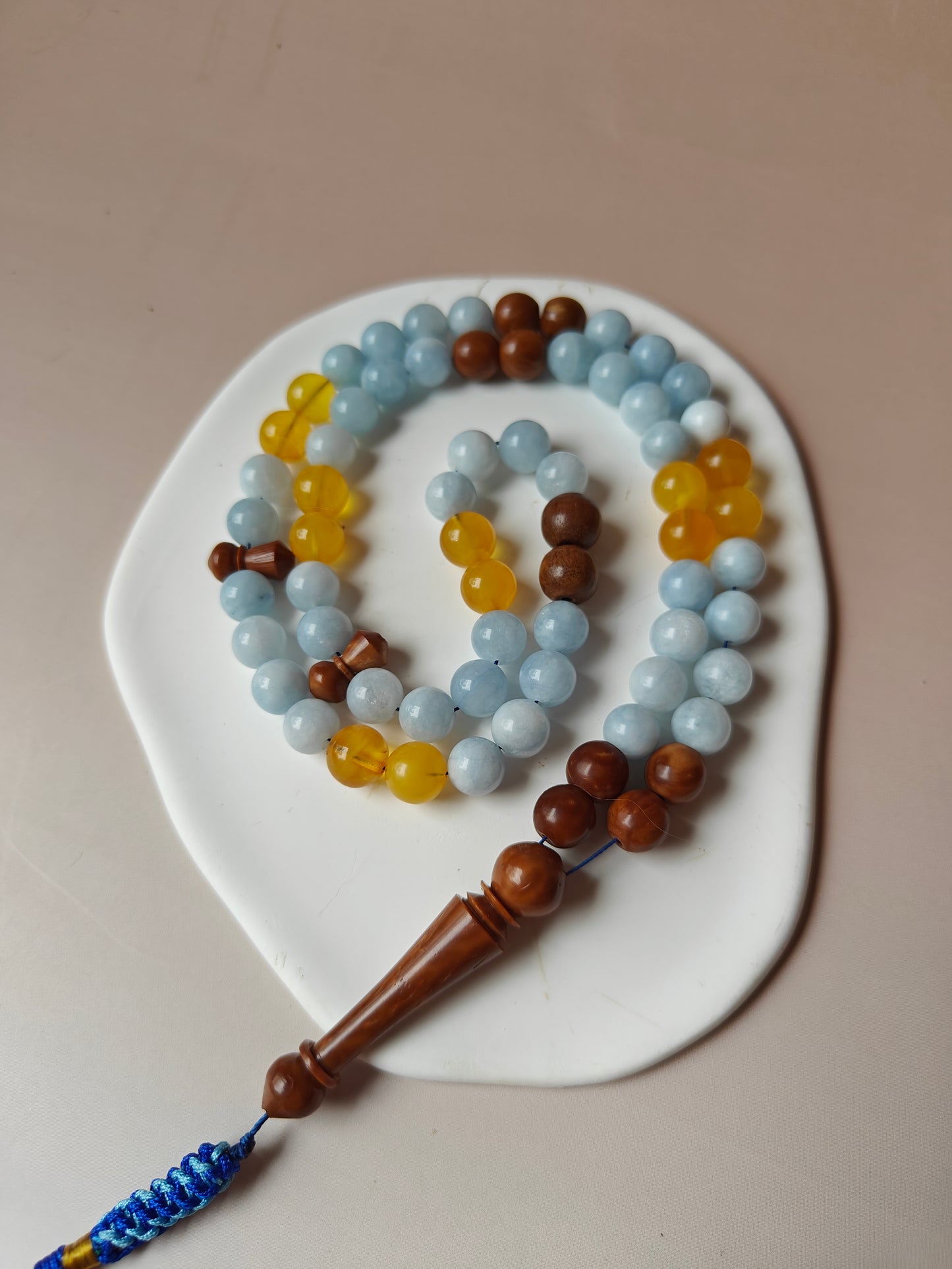 Aquamarine, Kokka Wood and Honey Amber Misbah 66 Beads