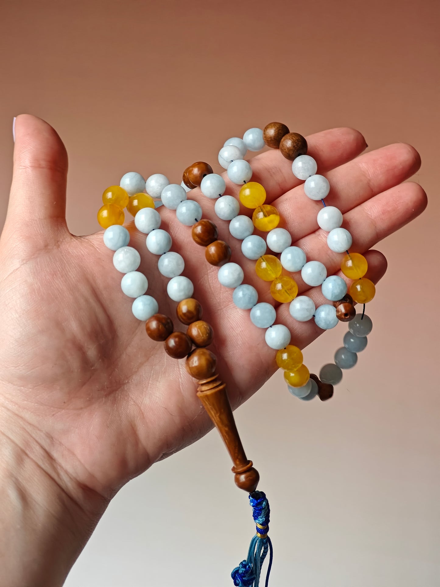 Aquamarine, Kokka Wood and Honey Amber Misbah 66 Beads