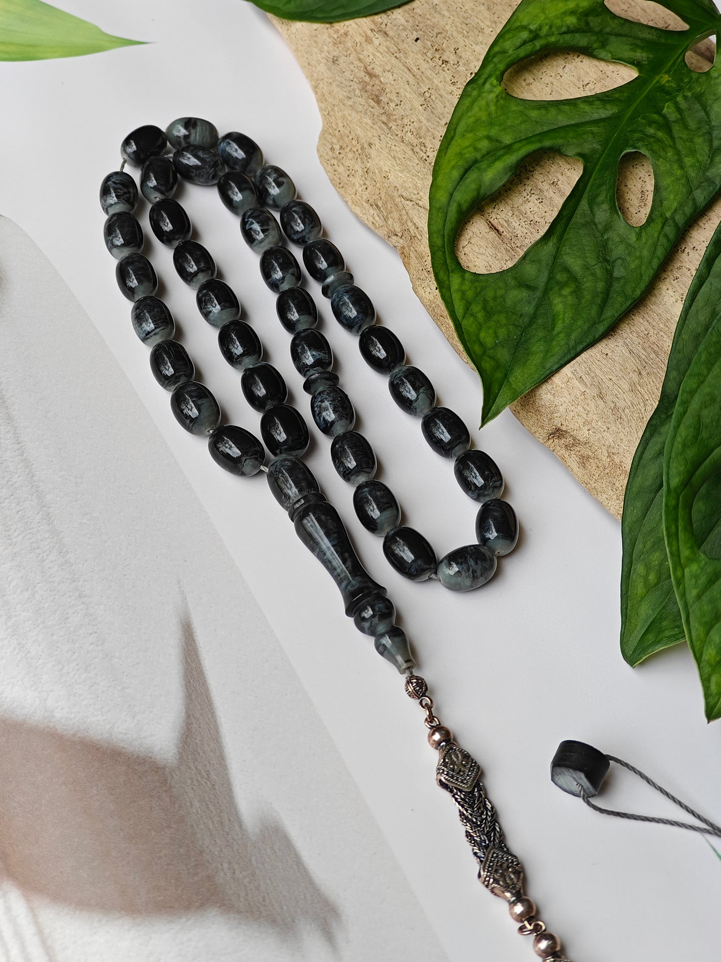 French Galalith in Storm Pattern Tasbih 37 Beads Barrel Shape