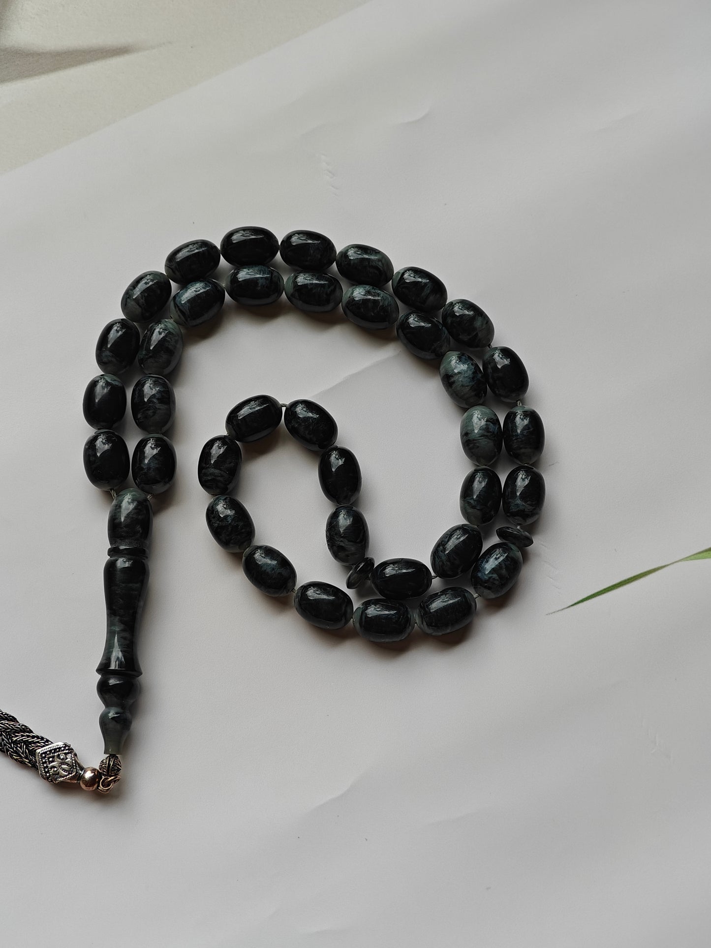 French Galalith in Storm Pattern Tasbih 37 Beads Barrel Shape
