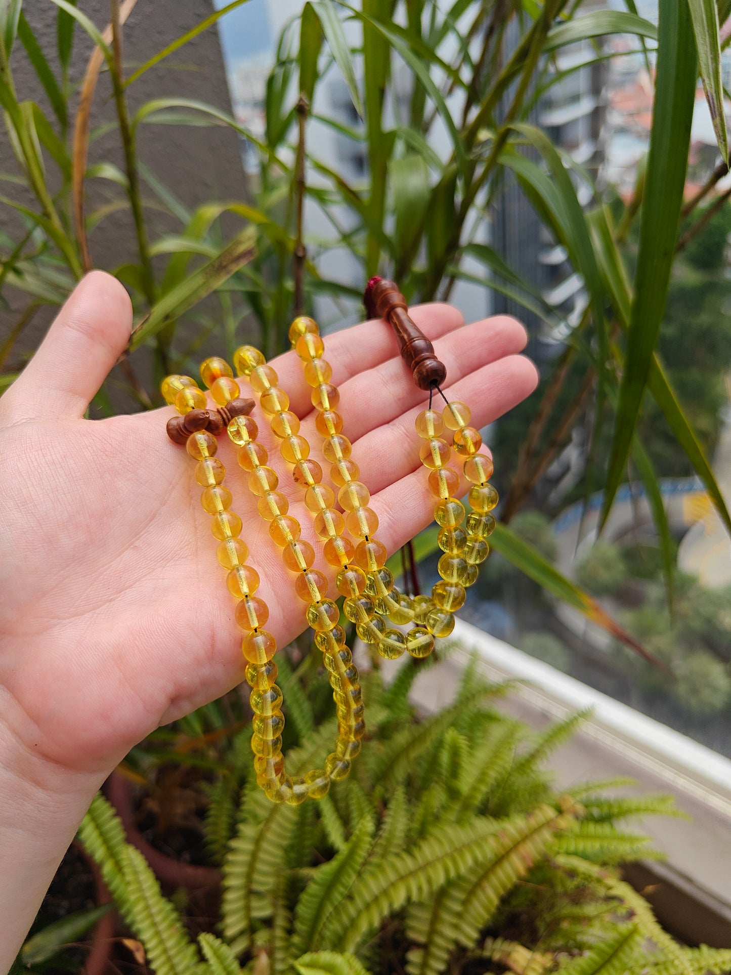 Natural Citron Amber and Kokka Wood Rosary 99 Beads