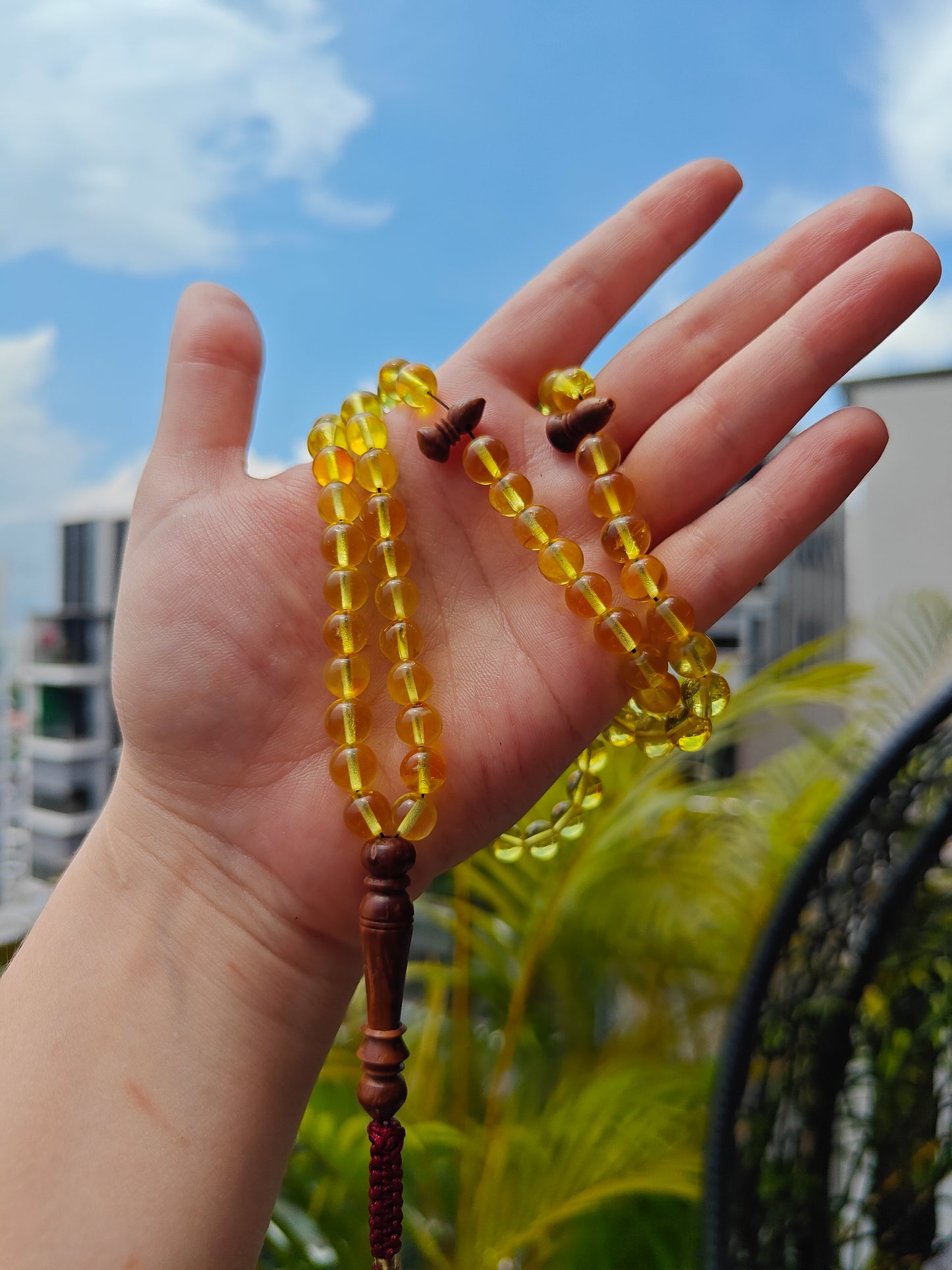 Natural Citron Amber and Kokka Wood Rosary 99 Beads
