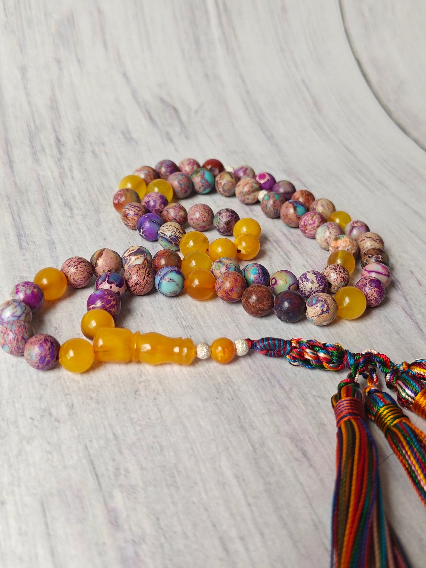 Natural Aged Honey Amber and Imperial Jasper Rosary 66 Beads