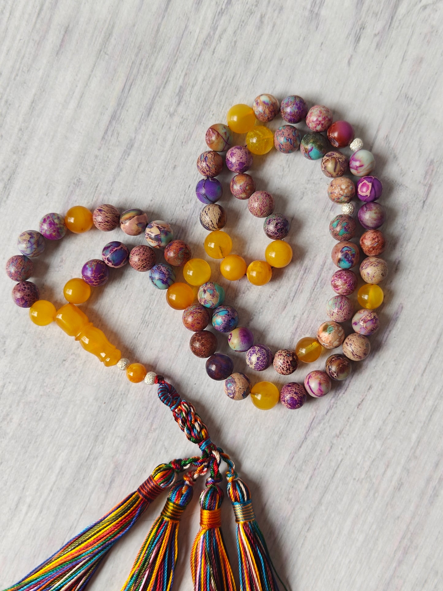 Natural Aged Honey Amber and Imperial Jasper Rosary 66 Beads
