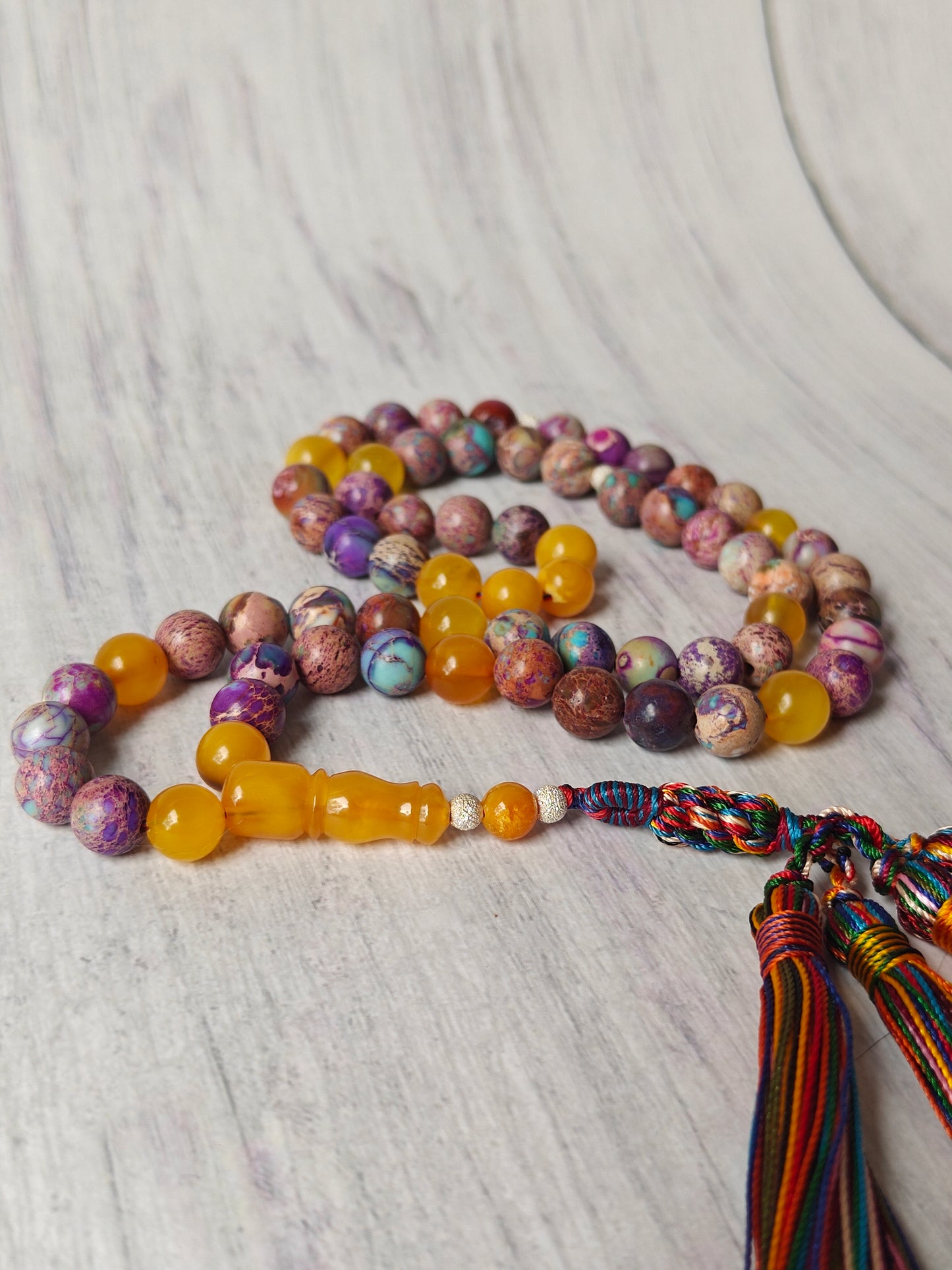 Natural Aged Honey Amber and Imperial Jasper Rosary 66 Beads