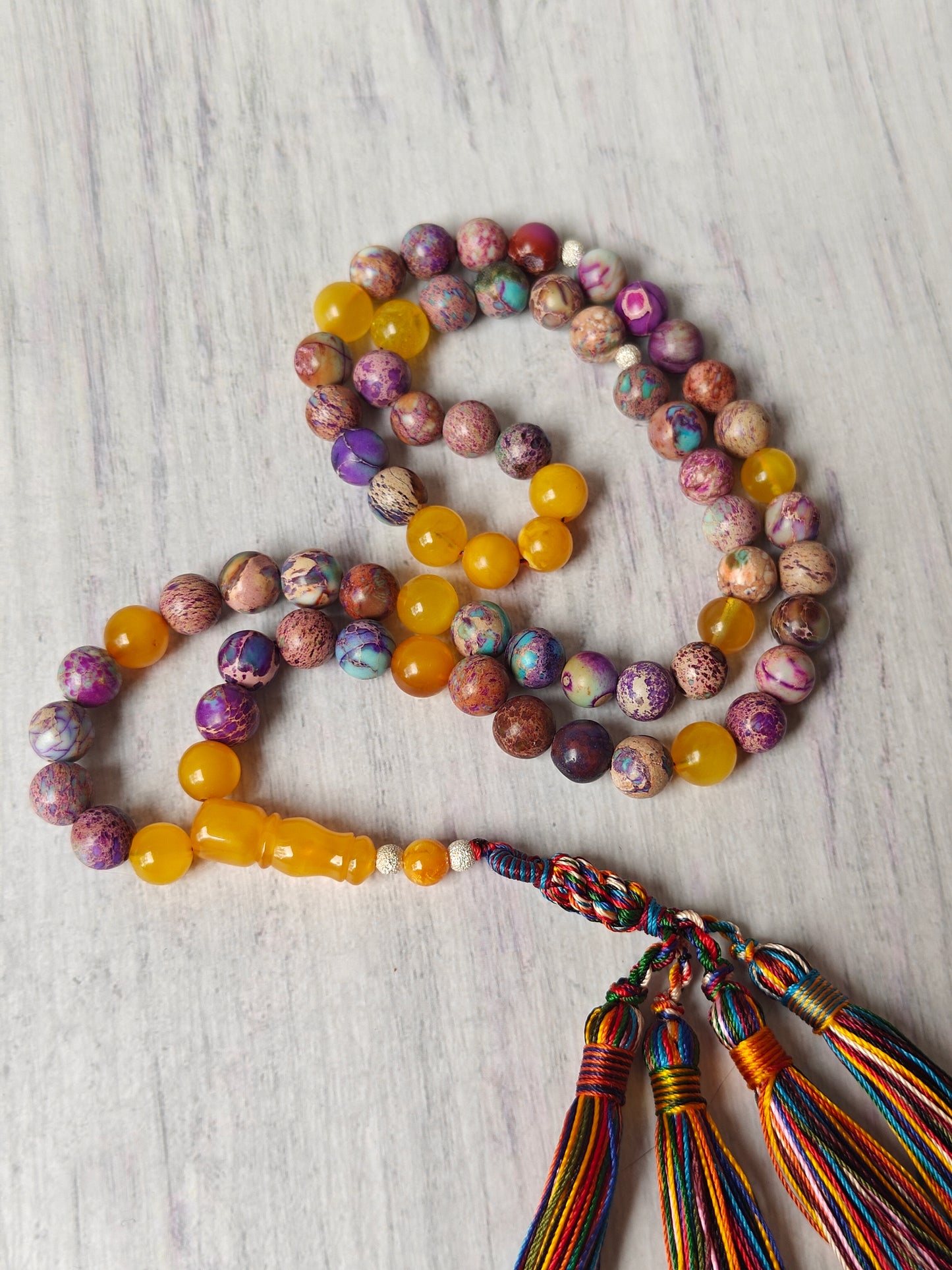 Natural Aged Honey Amber and Imperial Jasper Rosary 66 Beads