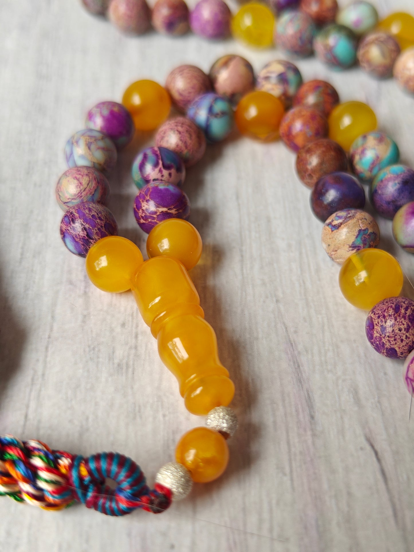 Natural Aged Honey Amber and Imperial Jasper Rosary 66 Beads