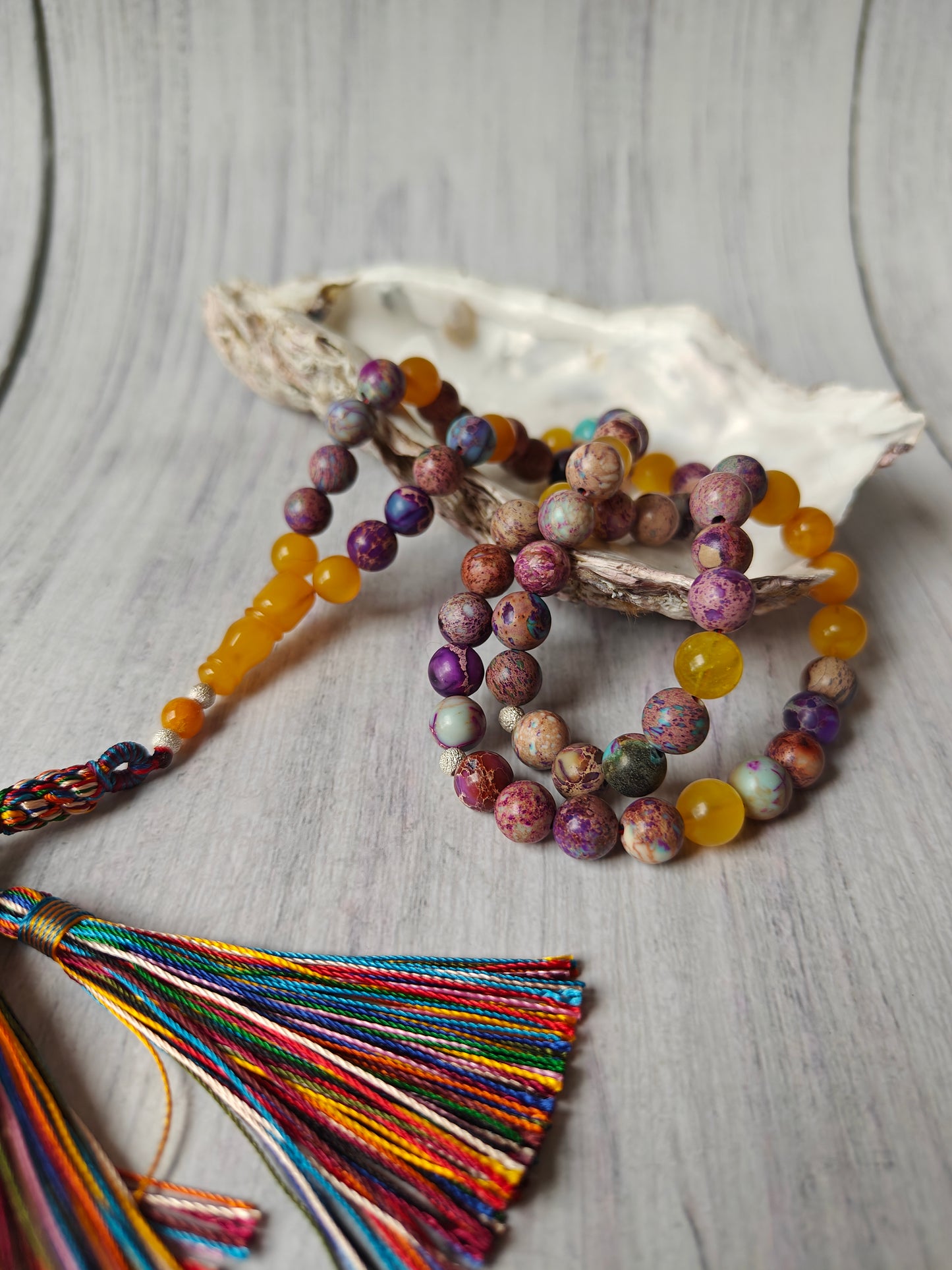 Natural Aged Honey Amber and Imperial Jasper Rosary 66 Beads