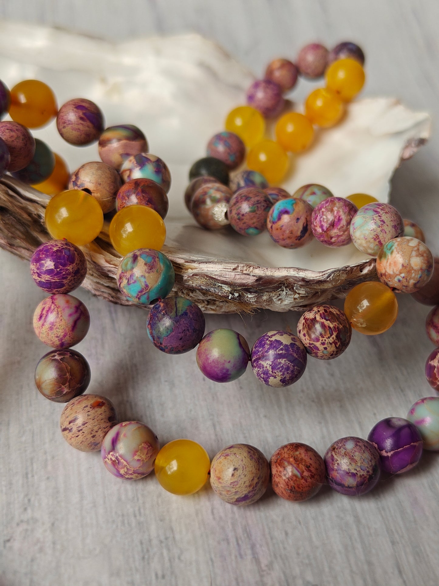 Natural Aged Honey Amber and Imperial Jasper Rosary 66 Beads