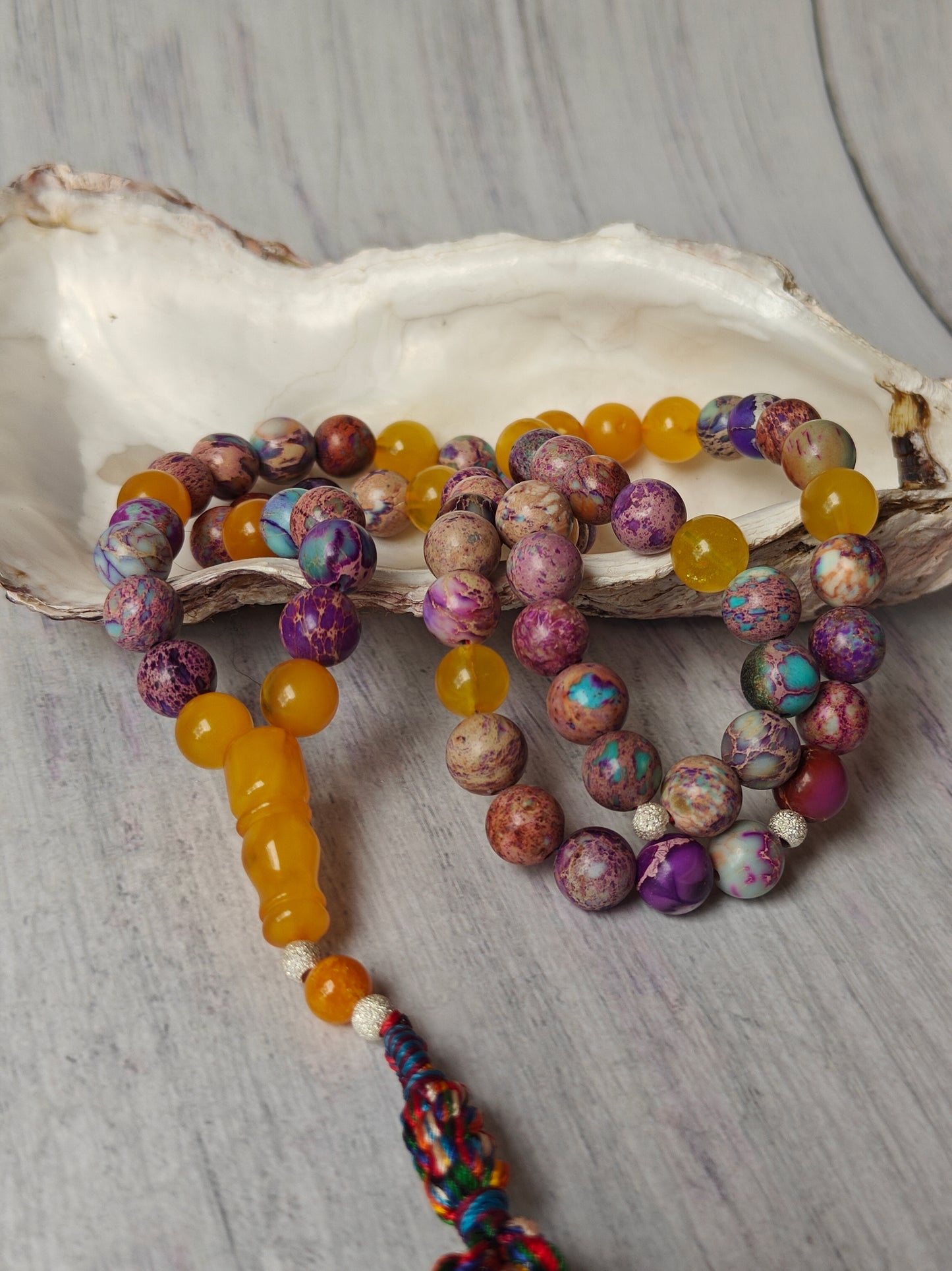 Natural Aged Honey Amber and Imperial Jasper Rosary 66 Beads