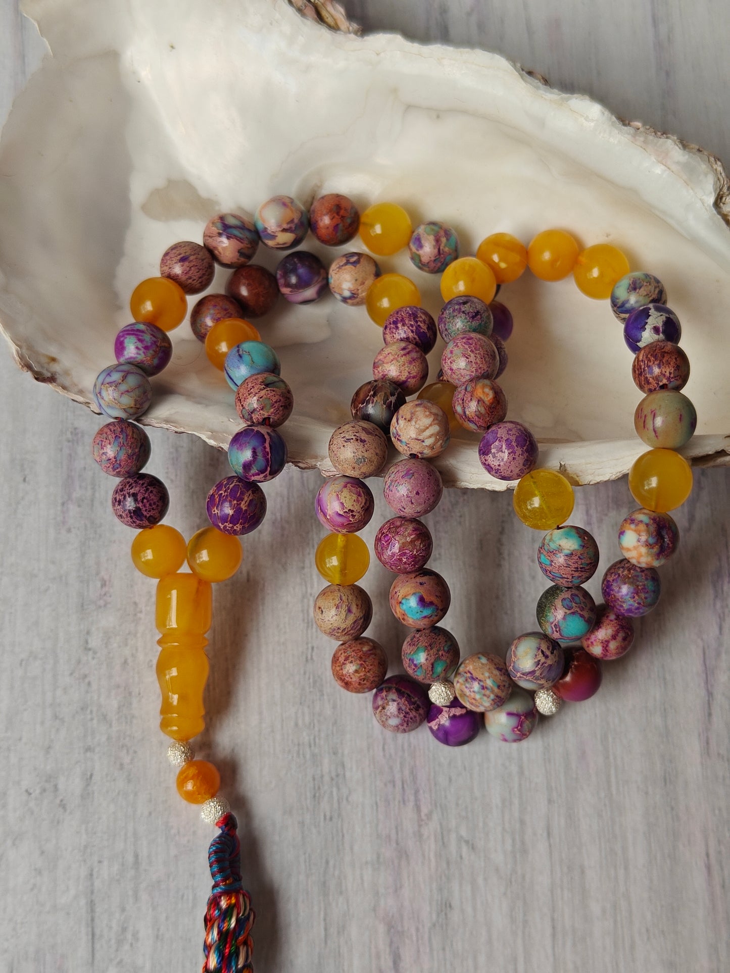 Natural Aged Honey Amber and Imperial Jasper Rosary 66 Beads
