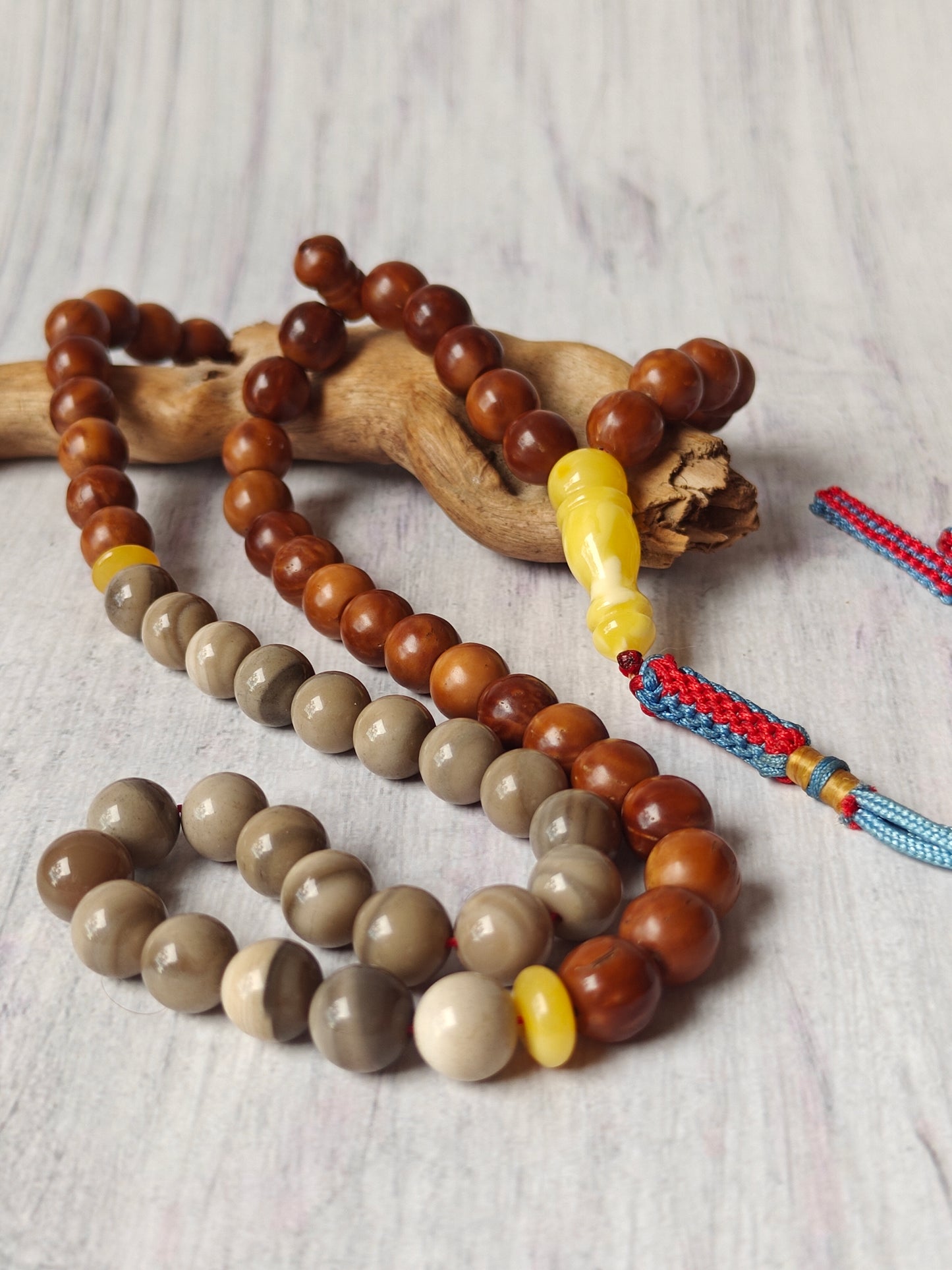 Natural Polish Striped Flint, Baltic Amber and Egyptian Kokka Wood Misbah 66 Beads