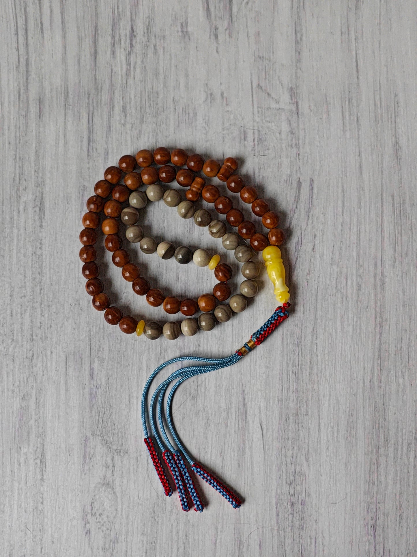 Natural Polish Striped Flint, Baltic Amber and Egyptian Kokka Wood Misbah 66 Beads