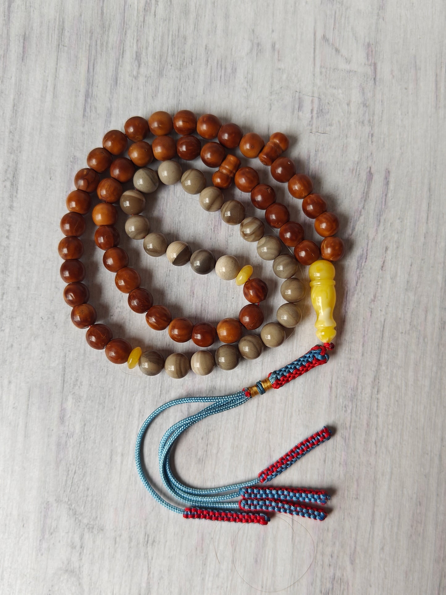 Natural Polish Striped Flint, Baltic Amber and Egyptian Kokka Wood Misbah 66 Beads