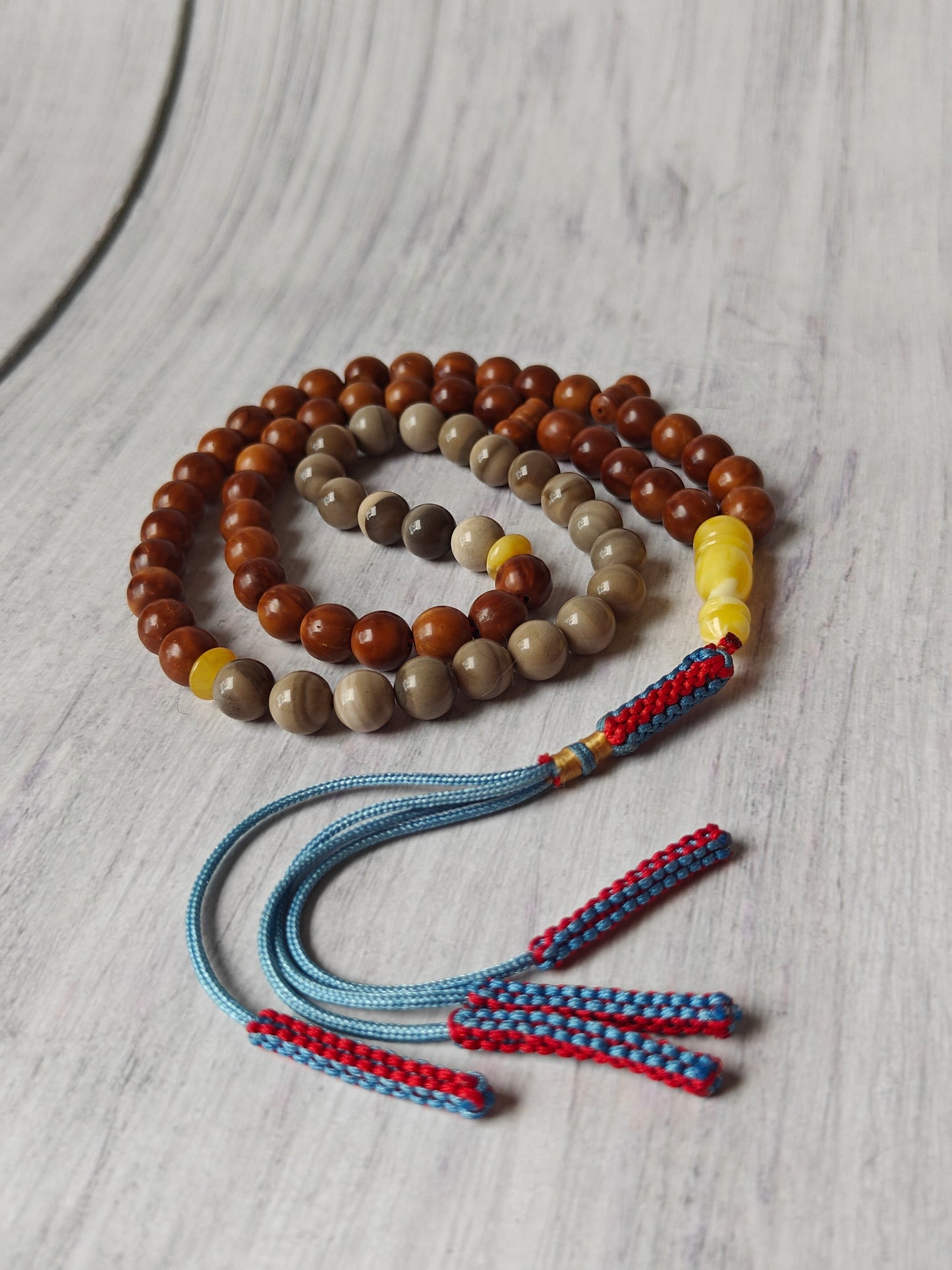 Natural Polish Striped Flint, Baltic Amber and Egyptian Kokka Wood Misbah 66 Beads